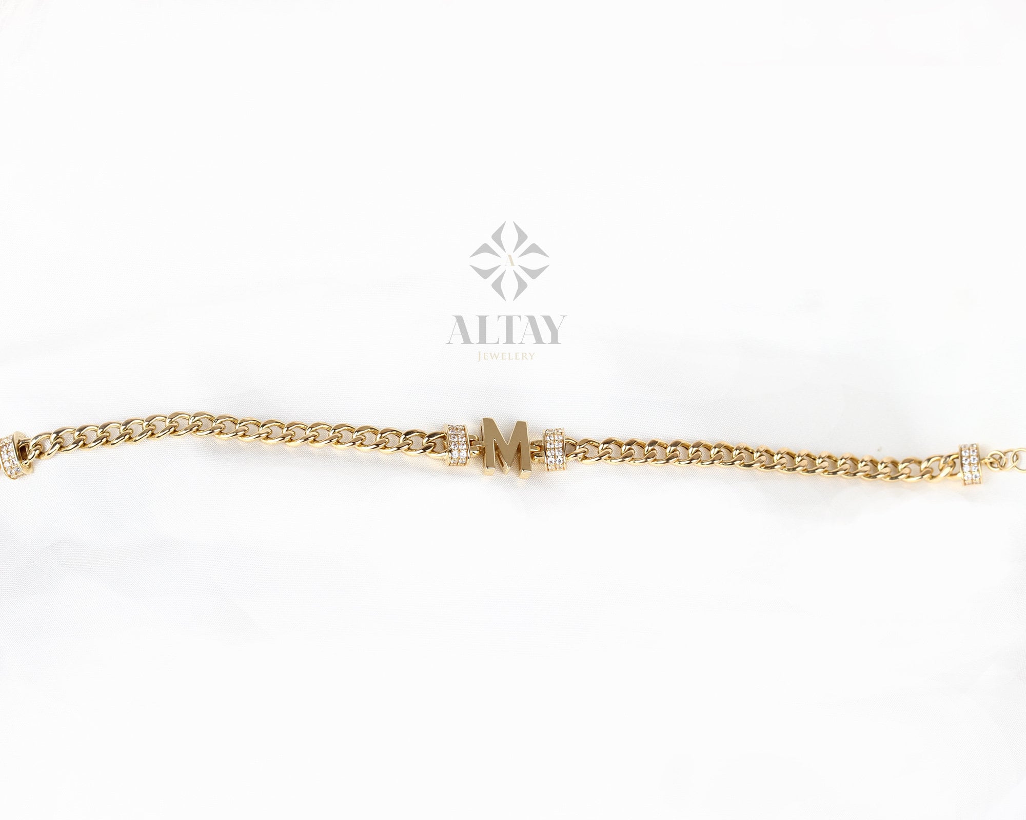 14K Gold Cuban Link Initial Bracelet, 5mm Curb Letter Chain