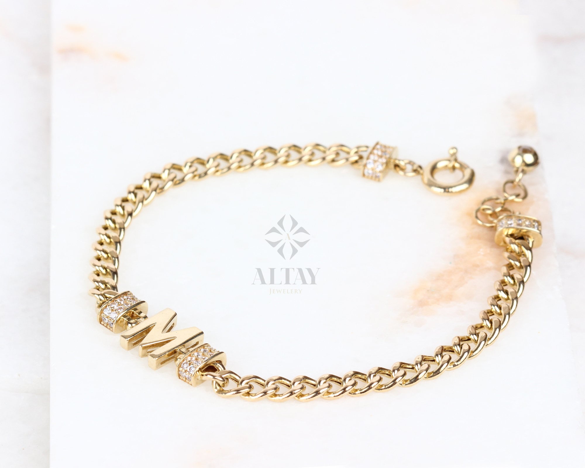 14K Gold Cuban Link Initial Bracelet, 5mm Curb Letter Chain