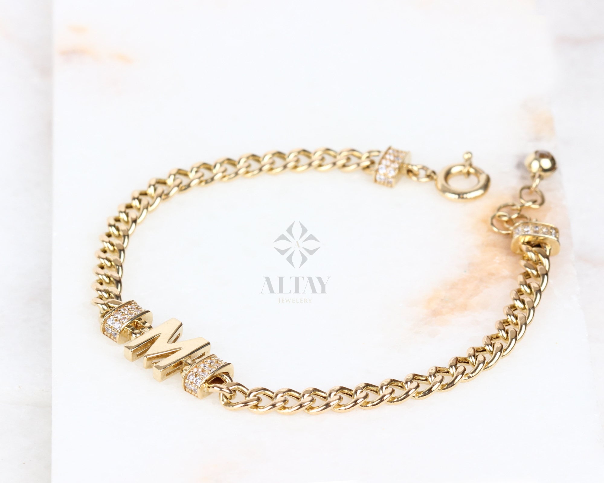 14K Gold Cuban Link Old English Initial Bracelet, 5mm Curb Letter Chain, Custom Gothic Style Name Bracelet, Personalized Gold Bracelet