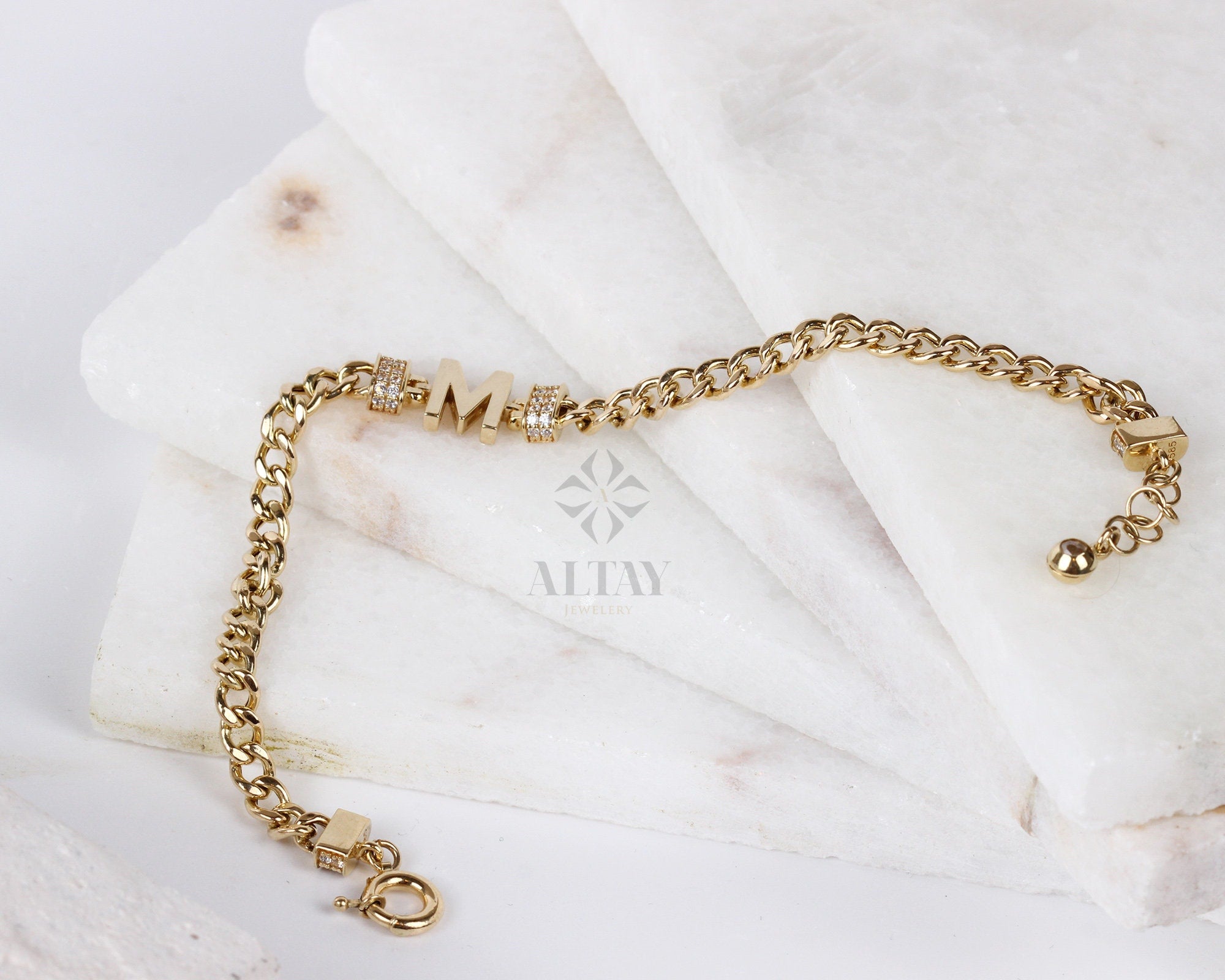 14K Gold Cuban Link Initial Bracelet, 5mm Curb Letter Chain