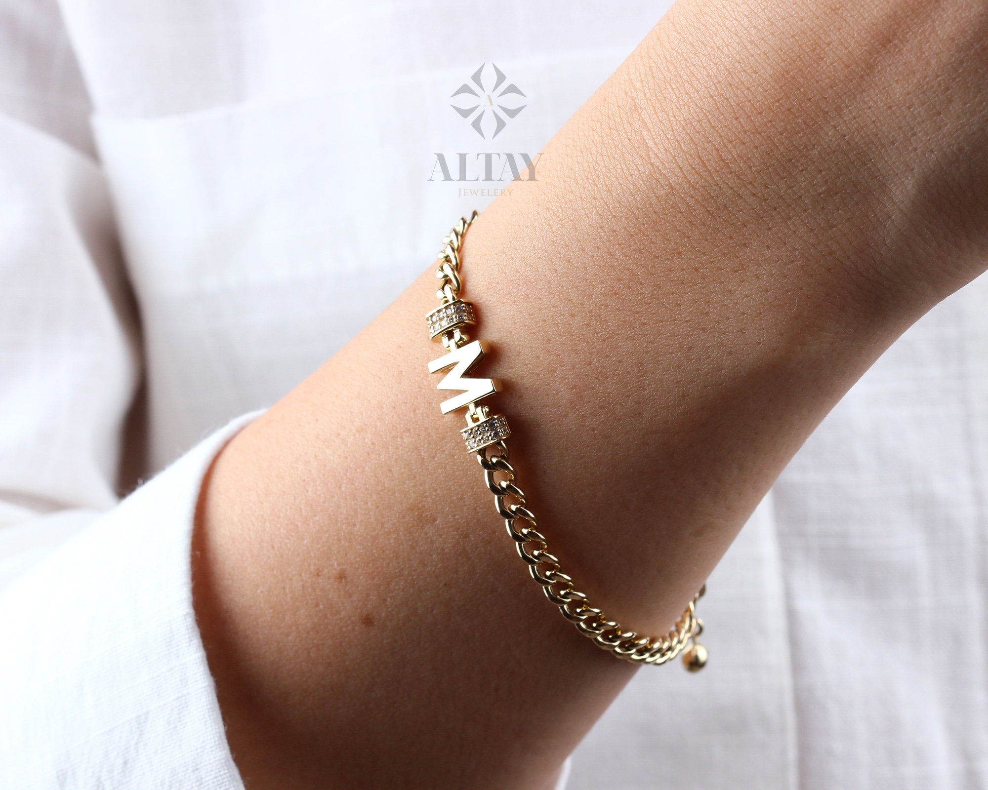 14K Gold Cuban Link Initial Bracelet, 5mm Curb Letter Chain