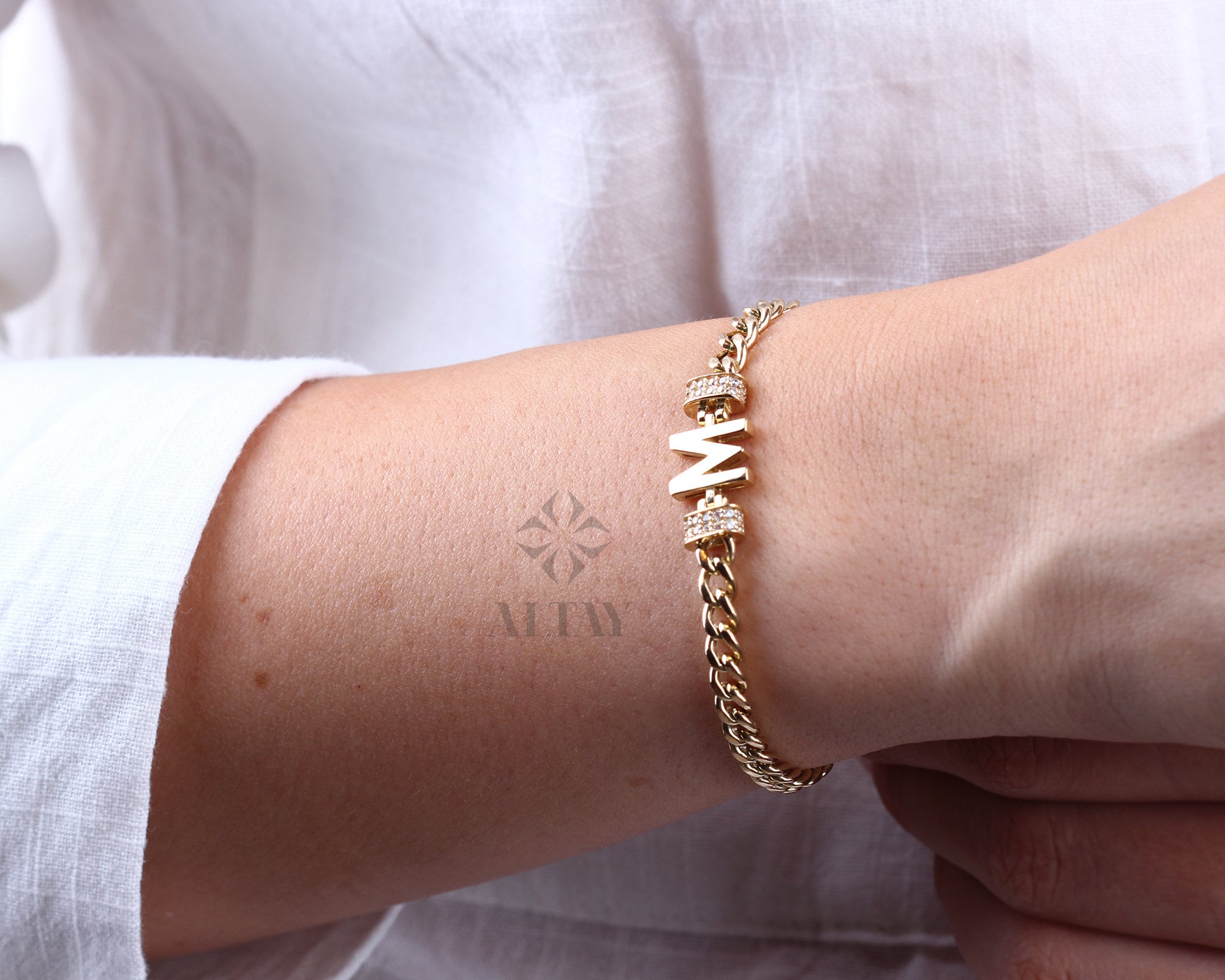 14K Gold Cuban Link Initial Bracelet, 5mm Curb Letter Chain