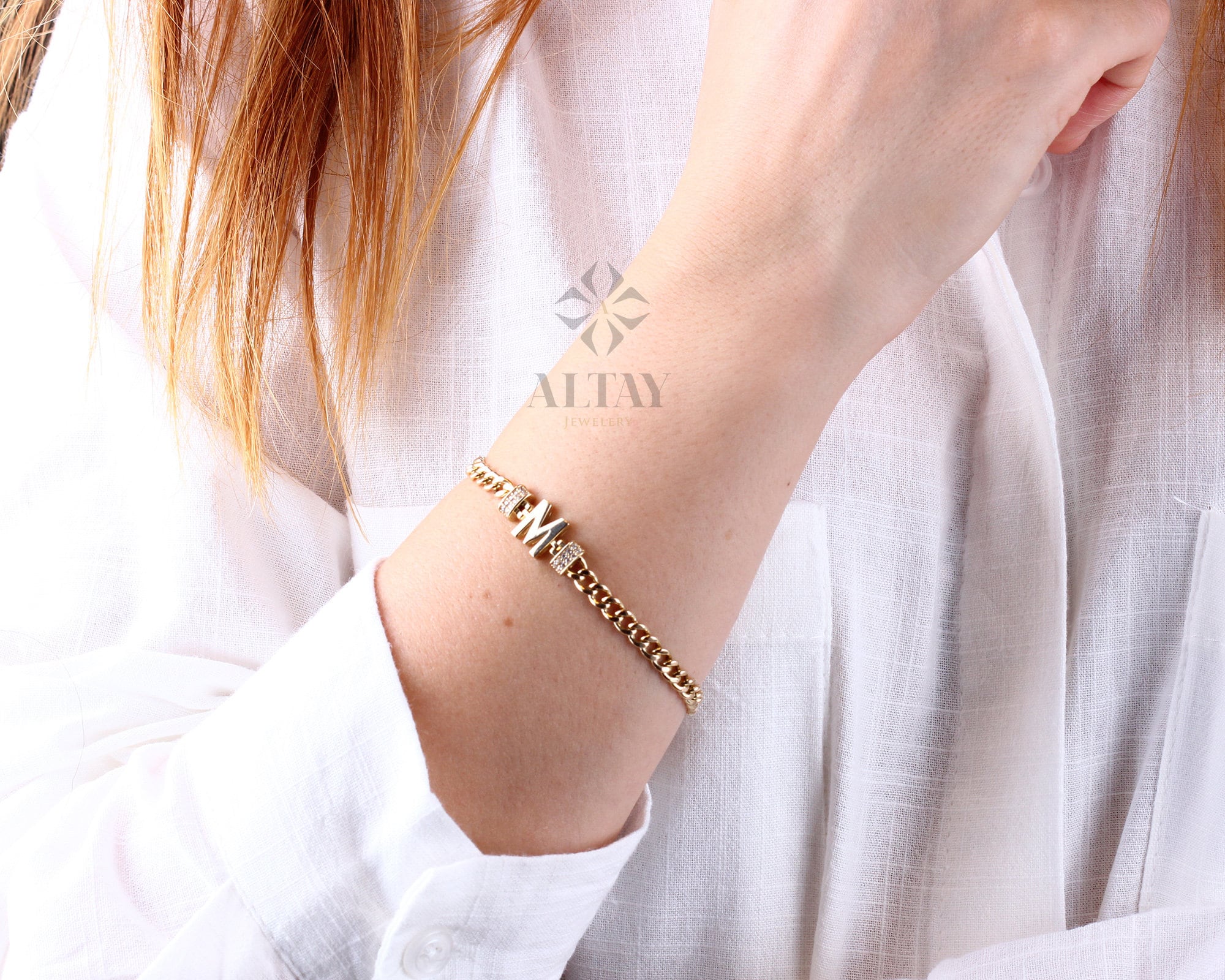 14K Gold Cuban Link Initial Bracelet, 5mm Curb Letter Chain