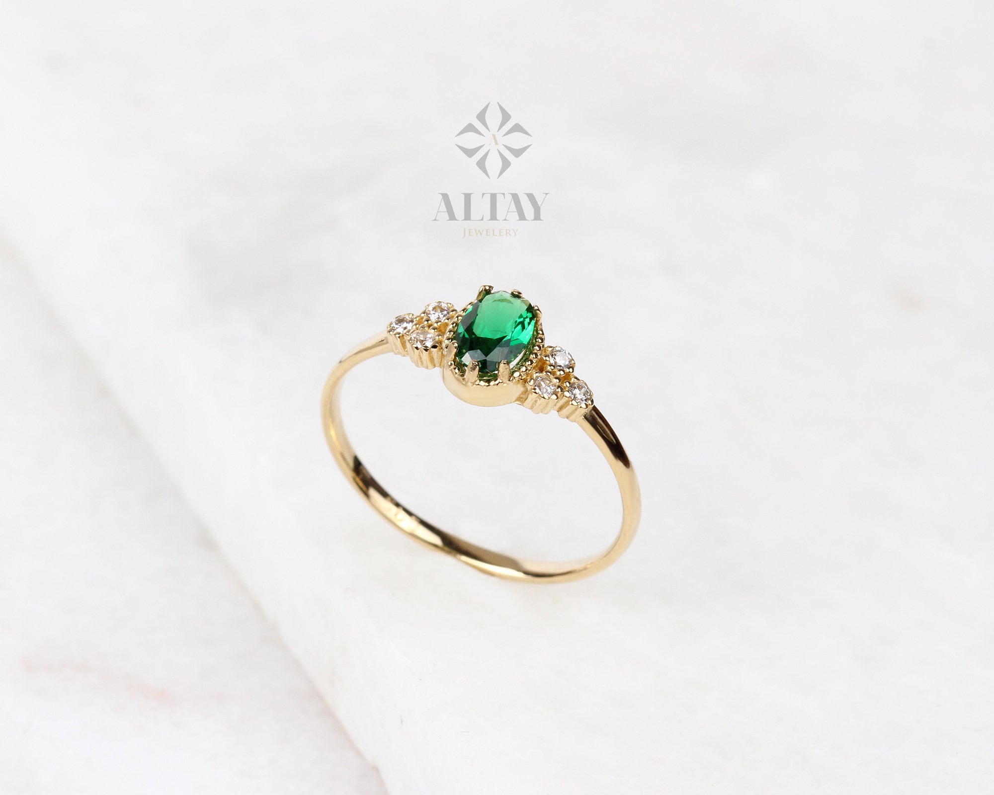 14K Gold Emerald Ring, Emerald Engagement Diamond Ring, Oval Cut Emerald Diamond Ring, Promise Ring, May Birthstone Solitaire Ring, Gift