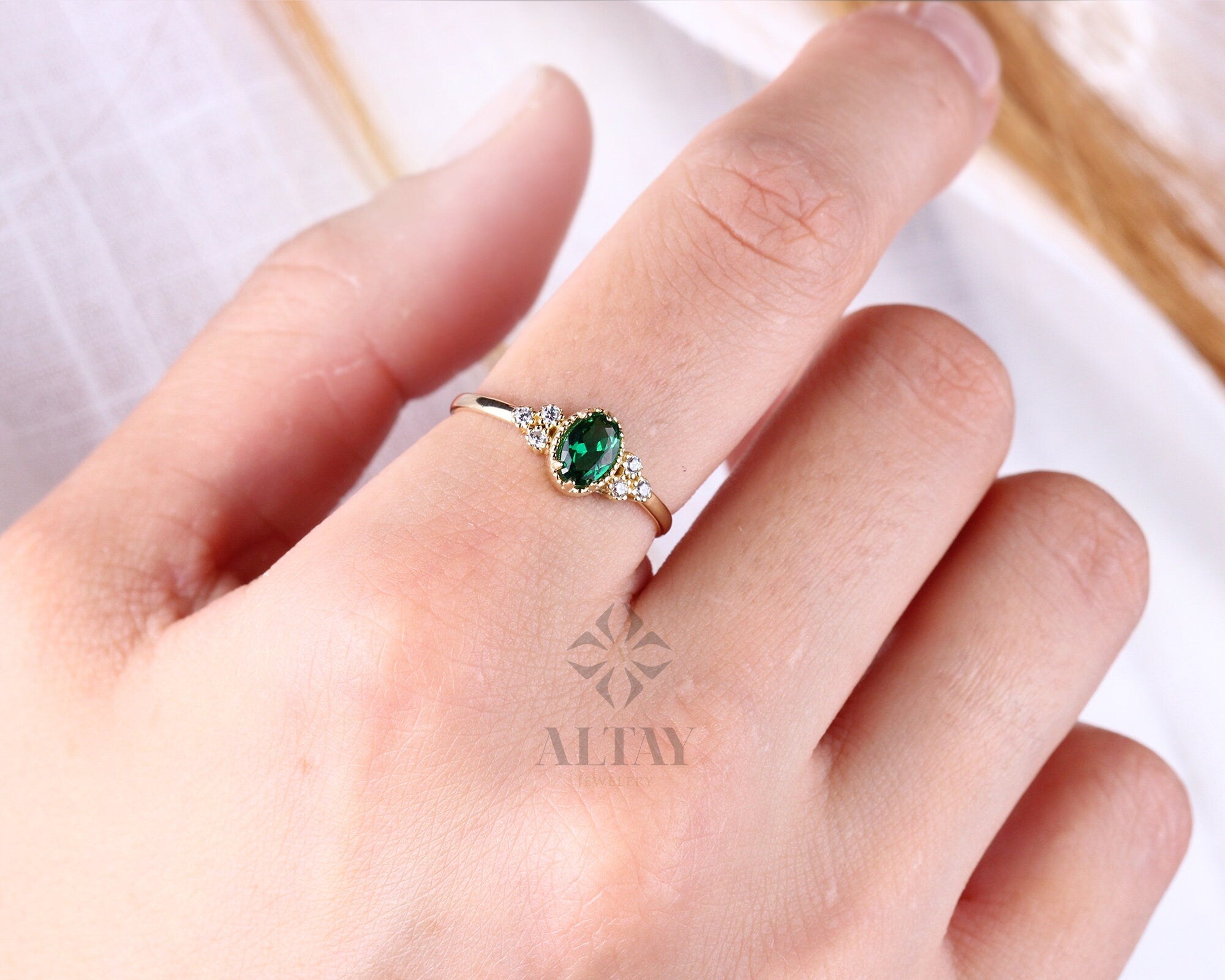 14K Gold Emerald Ring, Emerald Engagement Diamond Ring, Oval Cut Emerald Diamond Ring, Promise Ring, May Birthstone Solitaire Ring, Gift