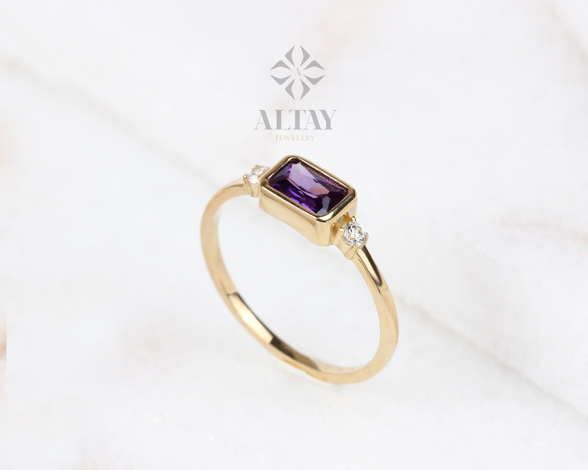 14K Gold Amethyst Ring, Emerald Cut Purple Stone Ring, Dainty Real Gold Birthstone Ring, Minimal Diamond Accent Band, Gift for Her