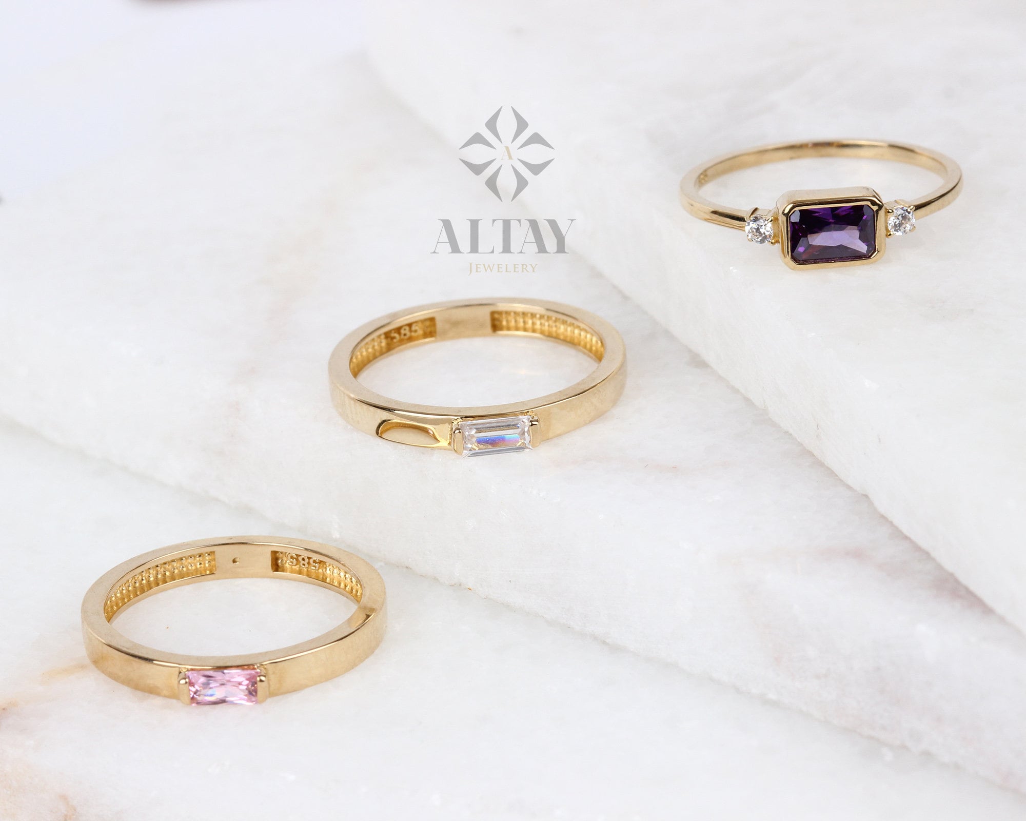 14K Gold Amethyst Ring, Emerald Cut Purple Stone Ring, Dainty Real Gold Birthstone Ring, Minimal Diamond Accent Band, Gift for Her