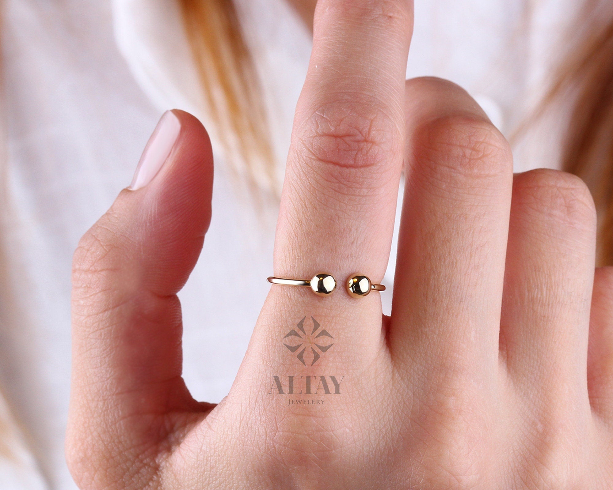 14K Gold Open Ring, Thin Stacking Cuff Ring, Adjustable Dainty Friendship Ring, Personalized Bead Ring, Minimalist Gold Ring Band