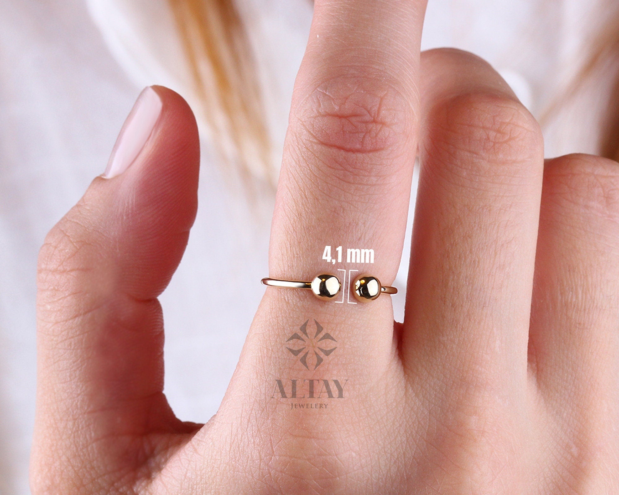 14K Gold Open Ring, Thin Stacking Cuff Ring, Adjustable Dainty Friendship Ring, Personalized Bead Ring, Minimalist Gold Ring Band