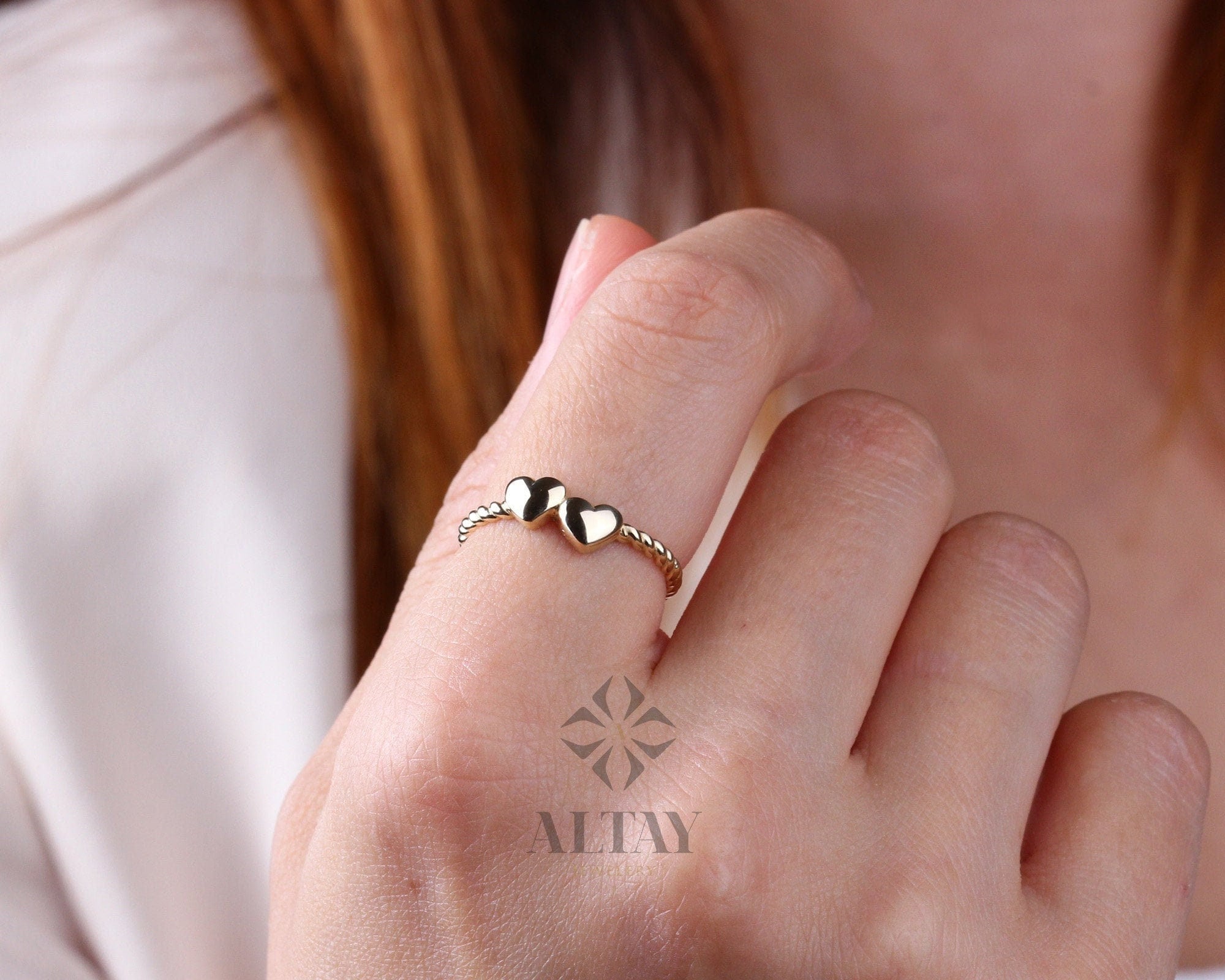 14K Gold Heart Ring, Tiny Hearts Stacking Ring, Double Heart Dainty Ring, Custom Heart Ring, Personalized Initial Ring, Promise Love Band