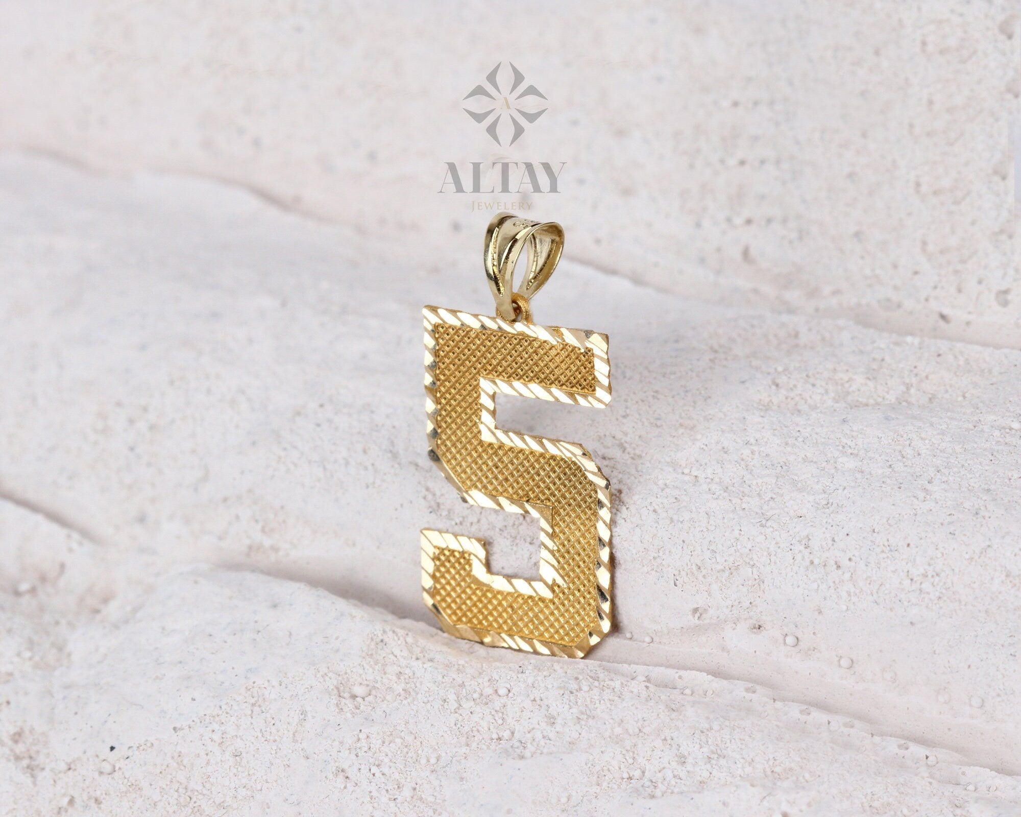 14K Solid Gold Number Pendant - 0-9 Diamond Cut Necklace Charm