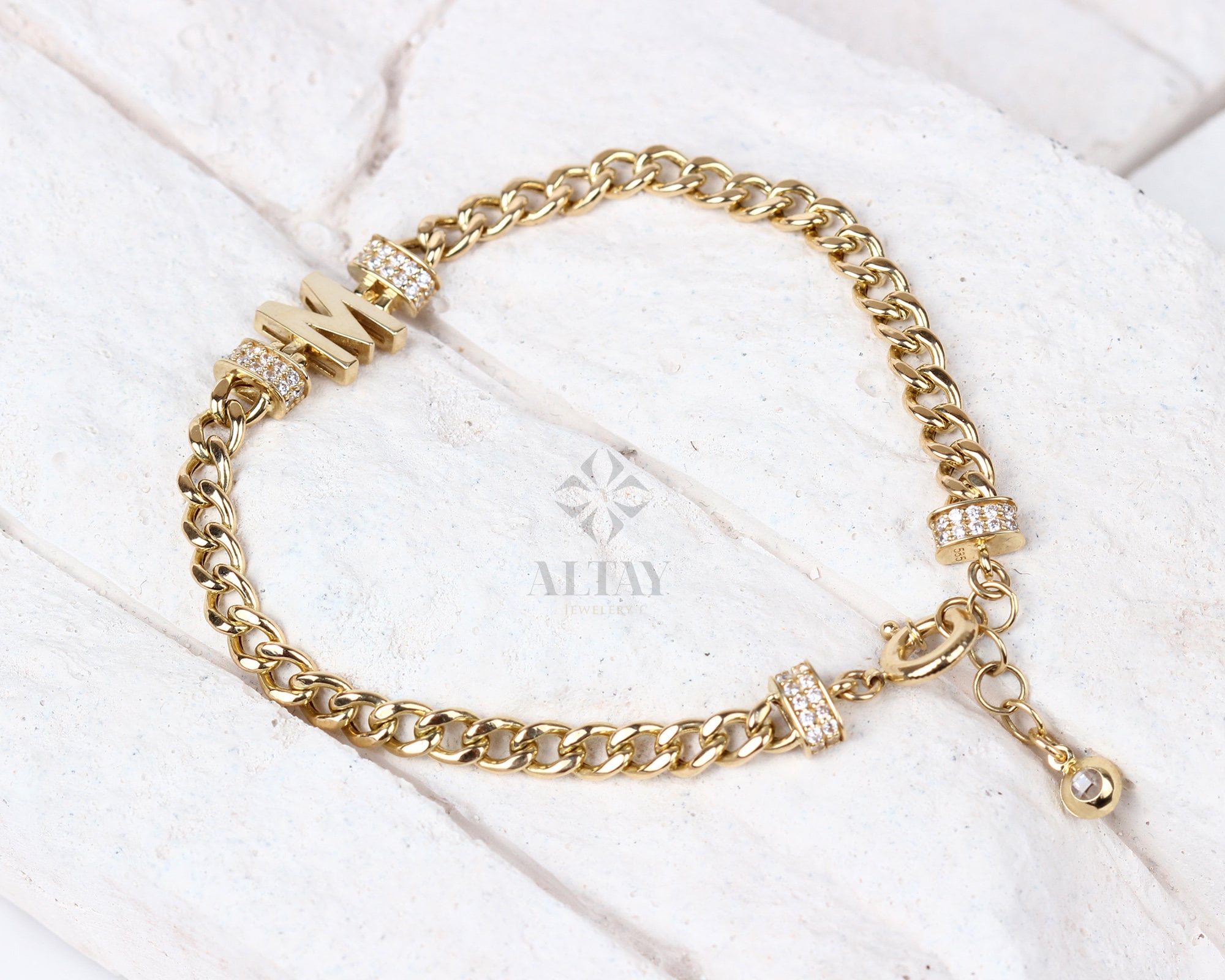 14K Gold Cuban Link Initial Bracelet, 5mm Curb Letter Chain