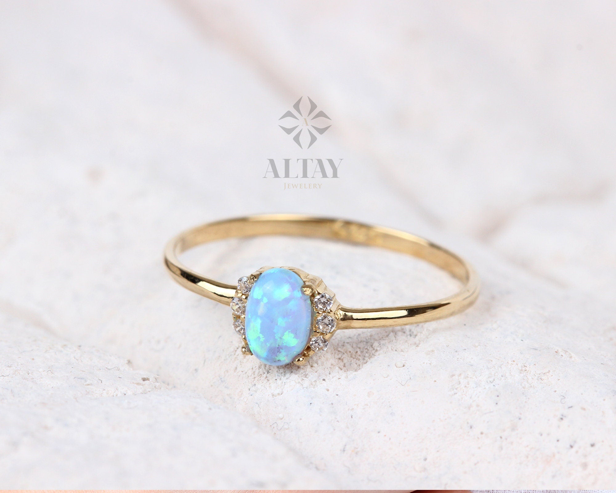 14K Gold Opal Ring, Opal Engagement Diamond Ring, Oval Cut Opal Diamond Ring, Promise Ring, Bridesmaid Solitaire Delicate Ring, Gift