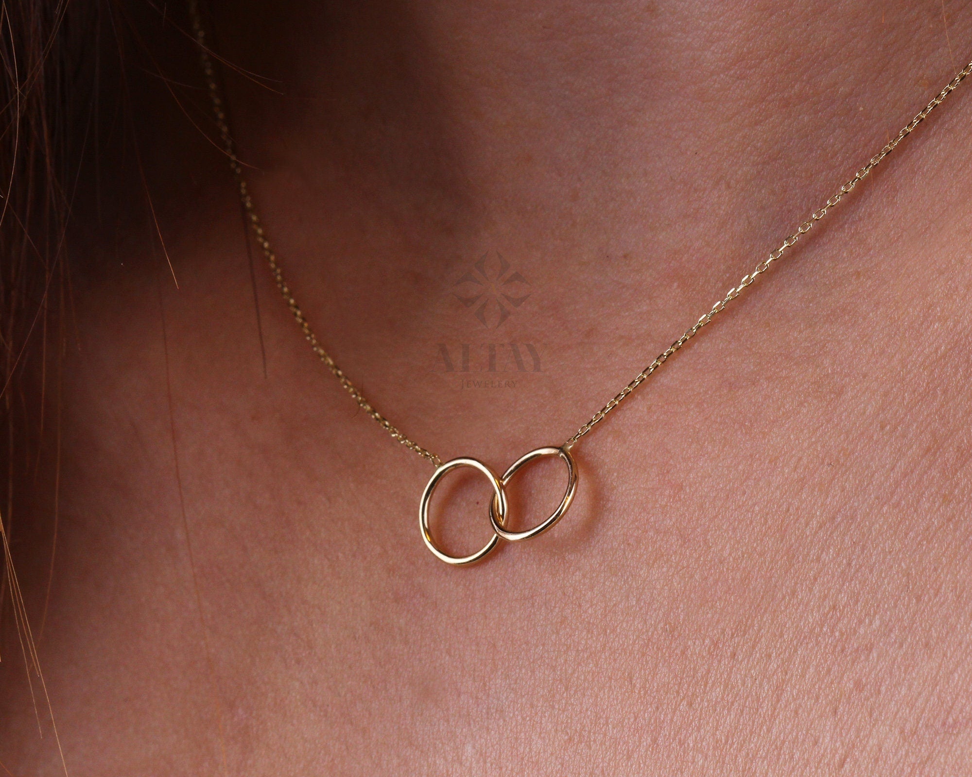 14K Gold Infinity Necklace, Unity Link Necklace, Minimal Dainty Double Circle Interlocking Choker, Delicate Layering Pendant, Simple Charm