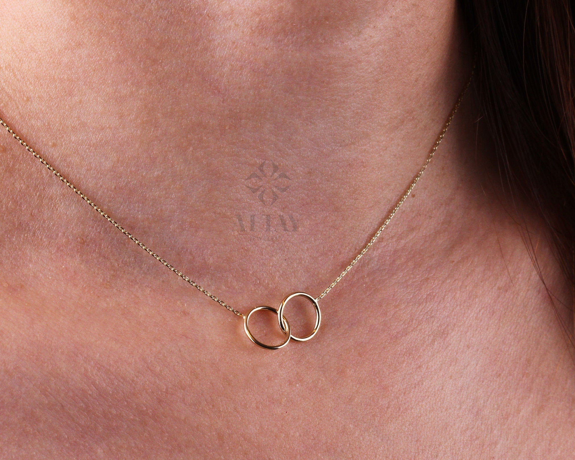 14K Gold Infinity Necklace, Unity Link Necklace, Minimal Dainty Double Circle Interlocking Choker, Delicate Layering Pendant, Simple Charm