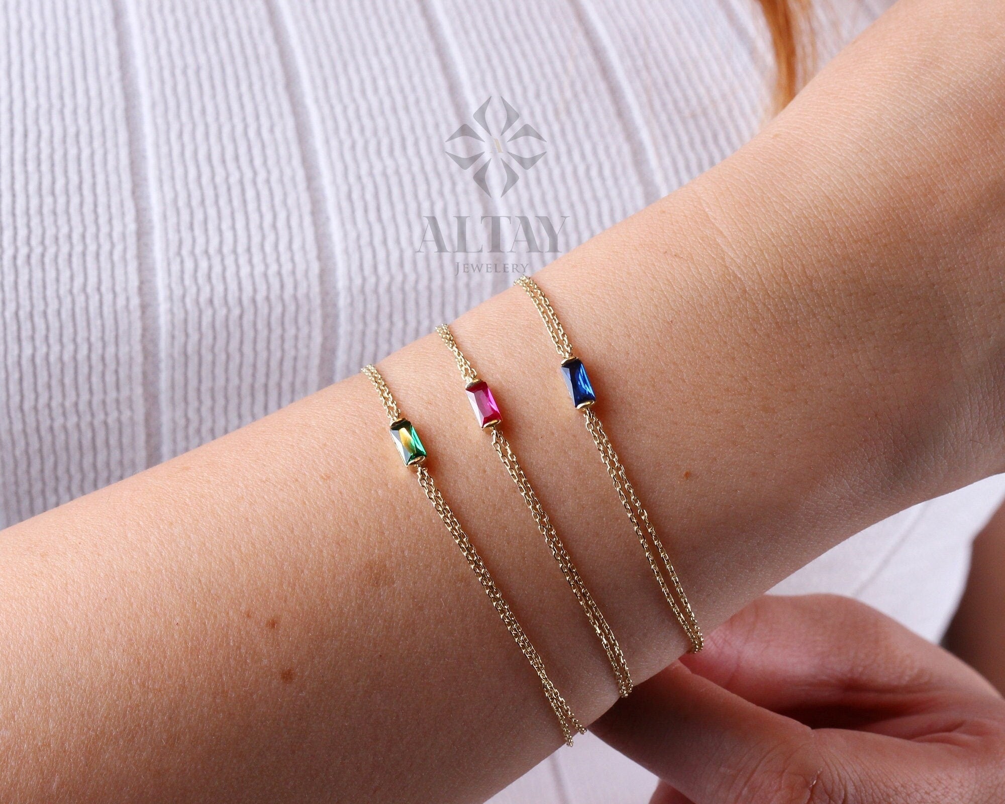 14K Gold Birthstone Baguette Bracelet, Dainty Baguette Bracelet, Emerald Bracelet, Sapphire Bracelet, Ruby Bracelet, Thin Chain Bracelet