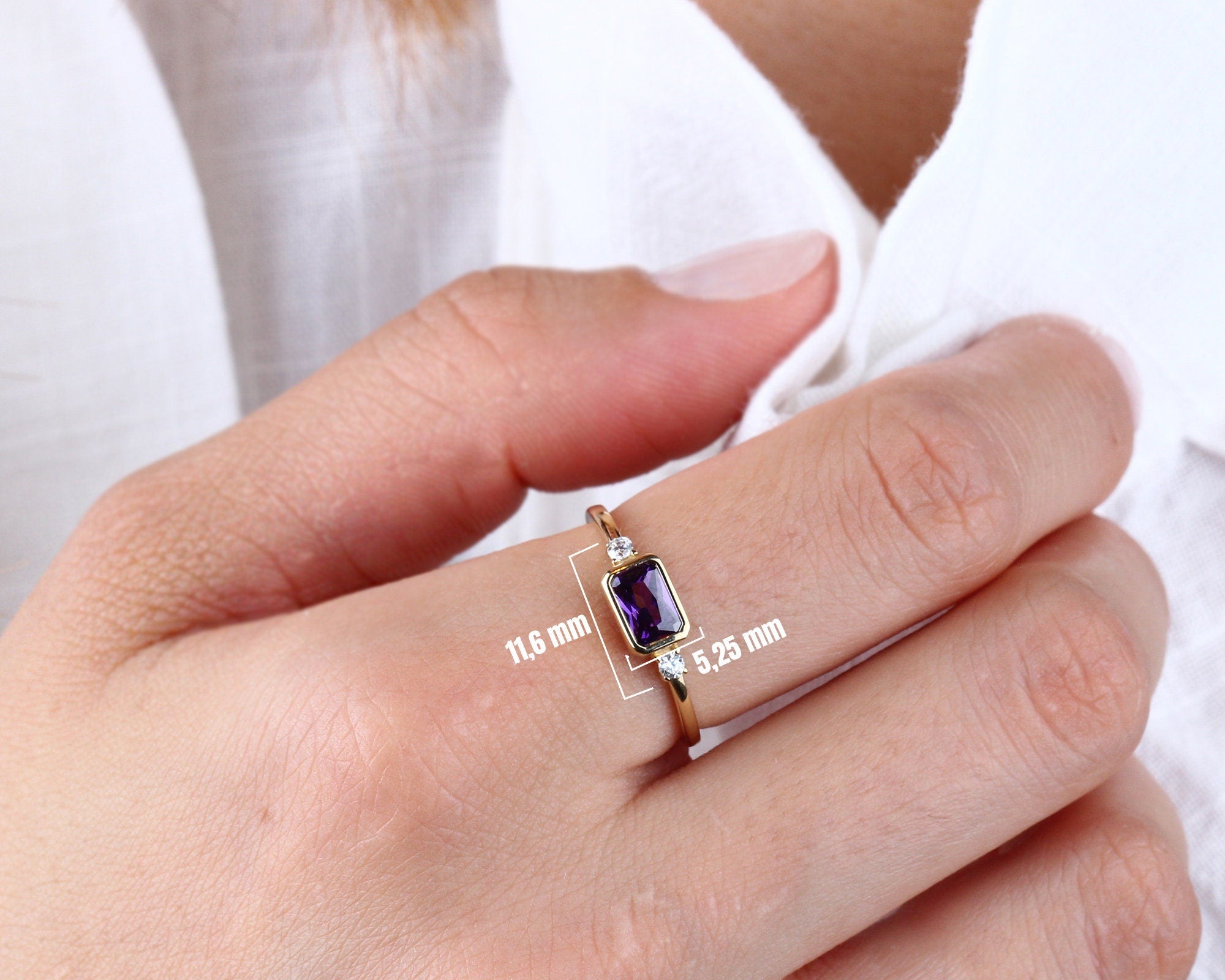14K Gold Amethyst Ring, Emerald Cut Purple Stone Ring, Dainty Real Gold Birthstone Ring, Minimal Diamond Accent Band, Gift for Her