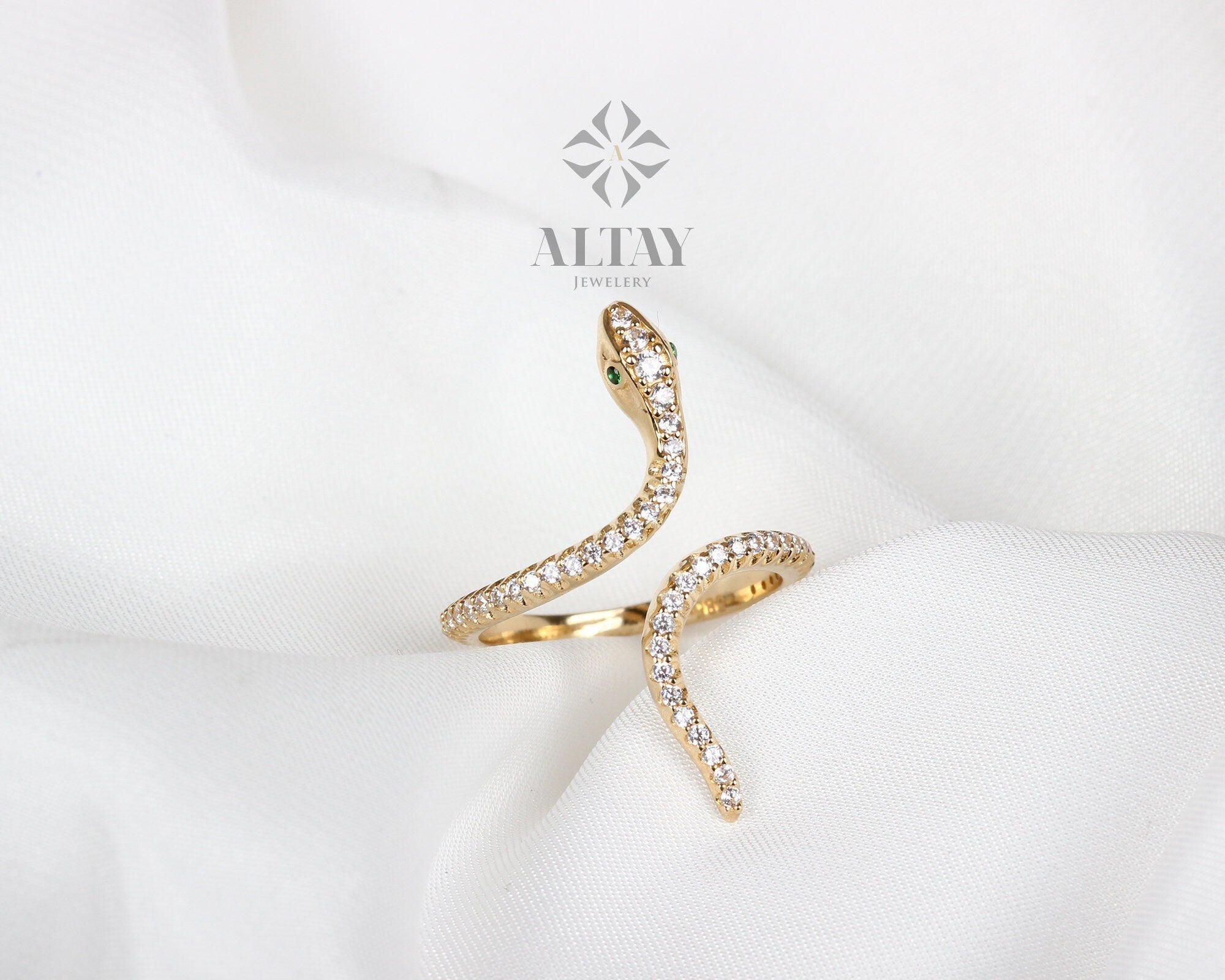 14K Gold Snake Ring, Snake Band, Cz Diamond Open Serpent Jewelry, Dainty Stacking Animal Rings, Snake Style Ring, Statement Band Wrap Ring