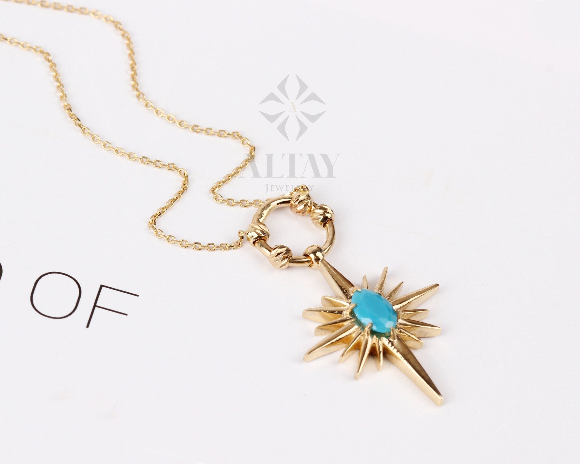14K Gold Turquoise North Star Necklace, Celestial Starburst Pendant, Pole Star Choker, Dainty Layering Chain, Christmas, Valentines Day Gift