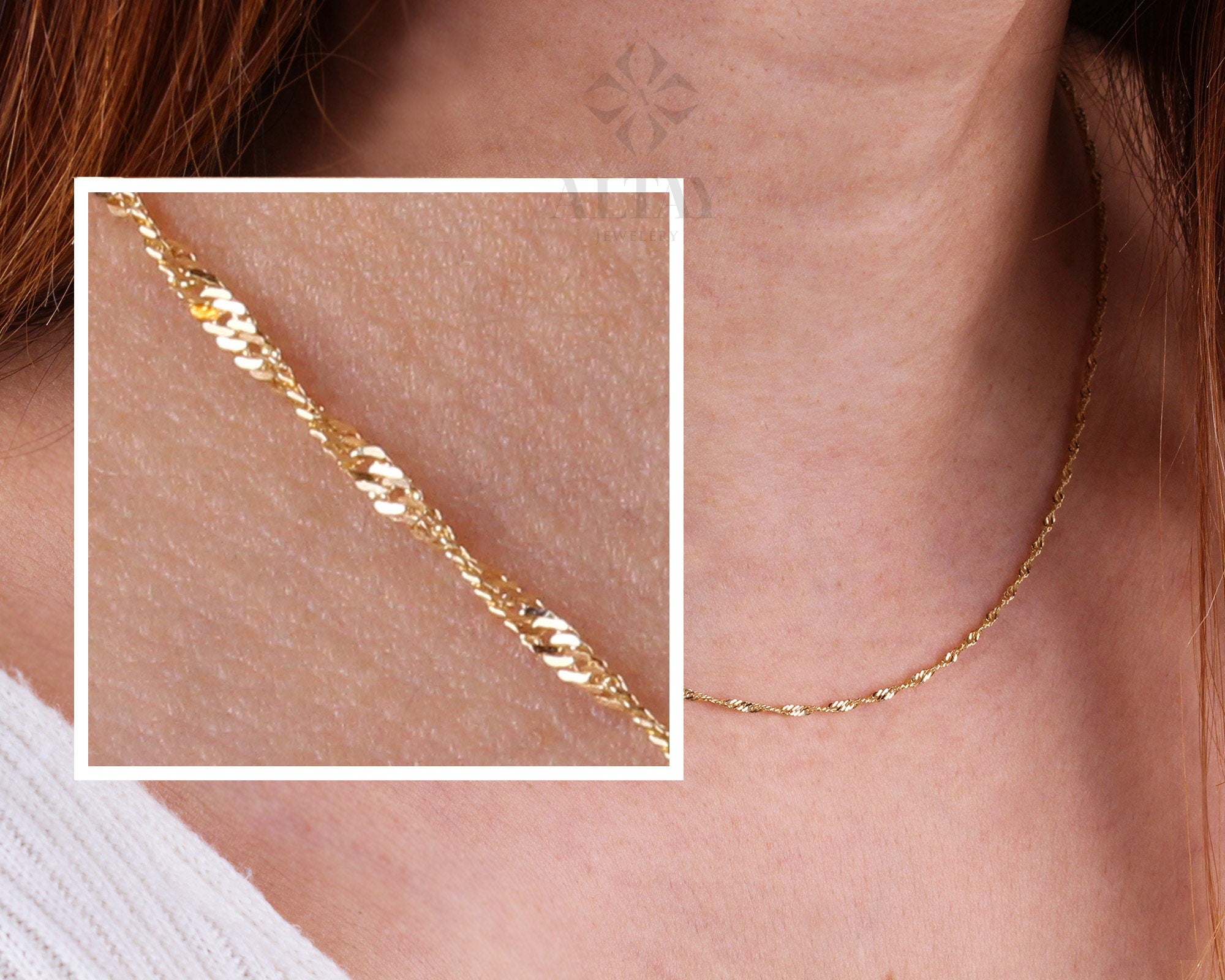 Solid 14K Gold Singapore Chain Necklace, Twisted Dainty Chain, Delicate Layered Necklace, Minimal Gold Chain, Real Gold Jewelry Gift For Her