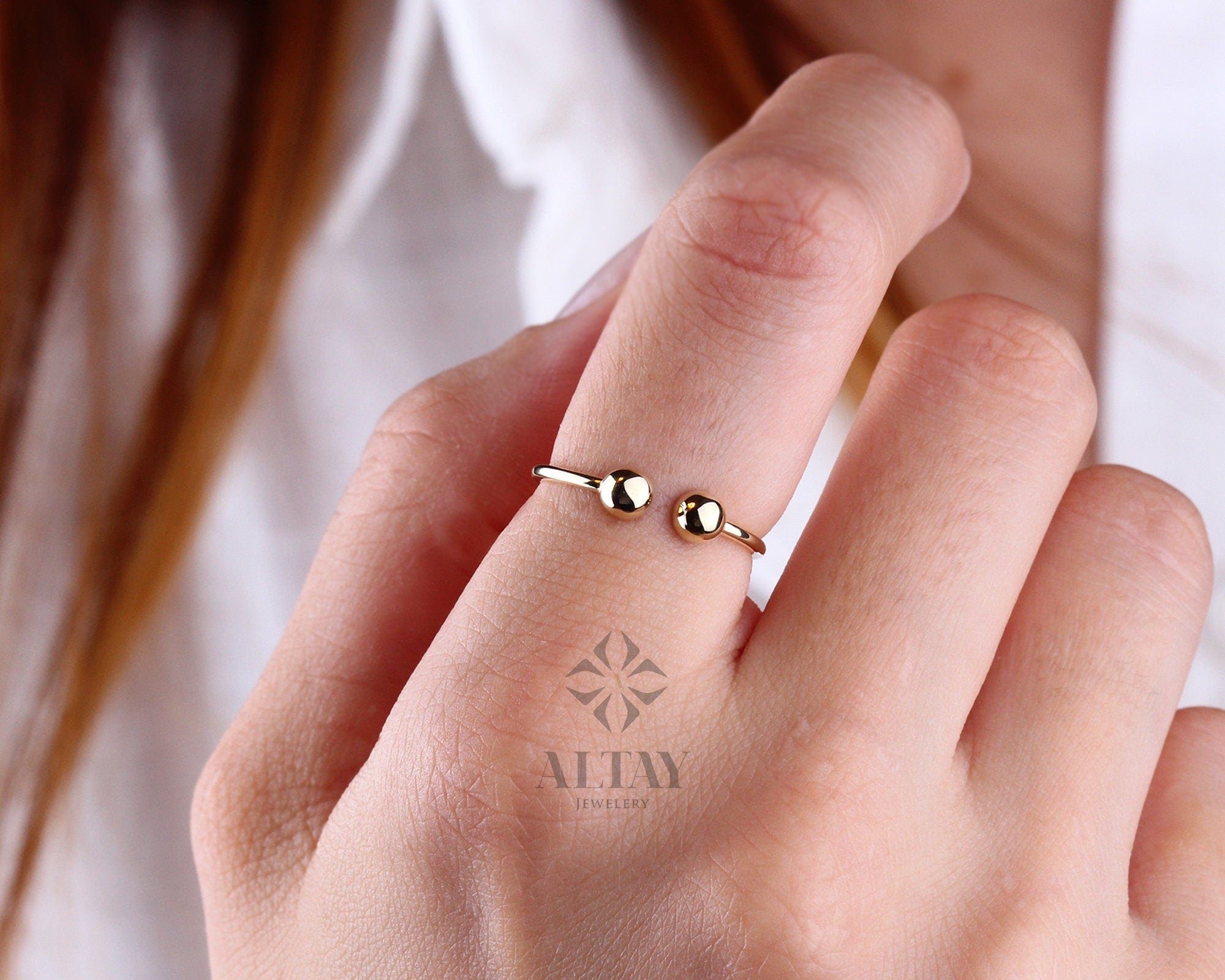 14K Gold Open Ring, Thin Stacking Cuff Ring, Adjustable Dainty Friendship Ring, Personalized Bead Ring, Minimalist Gold Ring Band