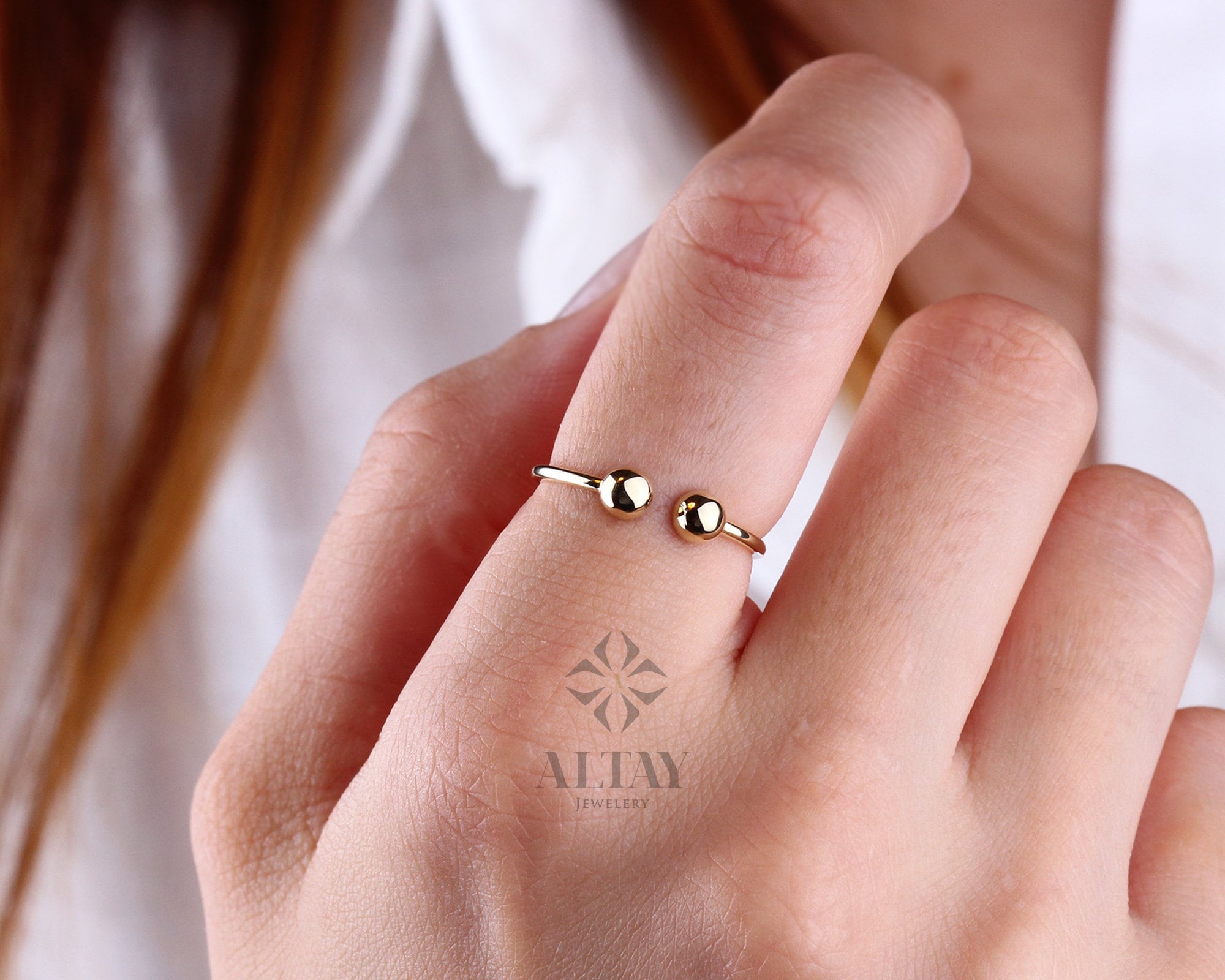 14K Gold Open Ball Ring, Thin Stacking Cuff Ring, Tiny Gold Ring, Dainty Bead Band, Minimalist Gold Ring, Gift For Her