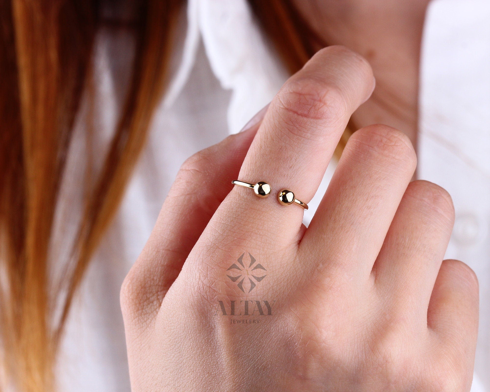 14K Gold Open Ring, Thin Stacking Cuff Ring, Adjustable Dainty Friendship Ring, Personalized Bead Ring, Minimalist Gold Ring Band