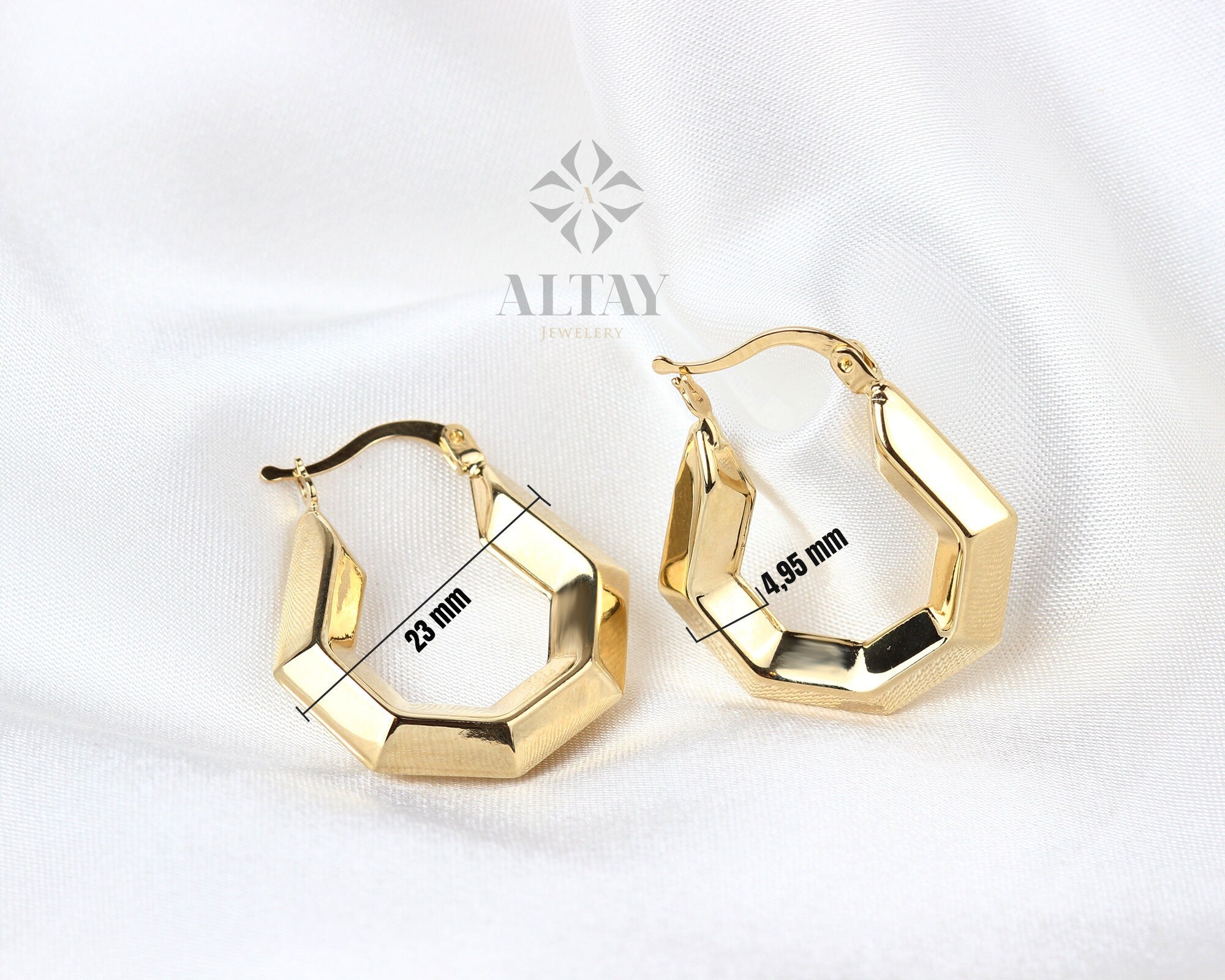 14K Gold Hoop Earring, Hexagon Gold Hoops, Geometric Gold Earrings, Dainty Hoops Huggies, Minimal Everyday Earrings, Shiny Finish Earrings