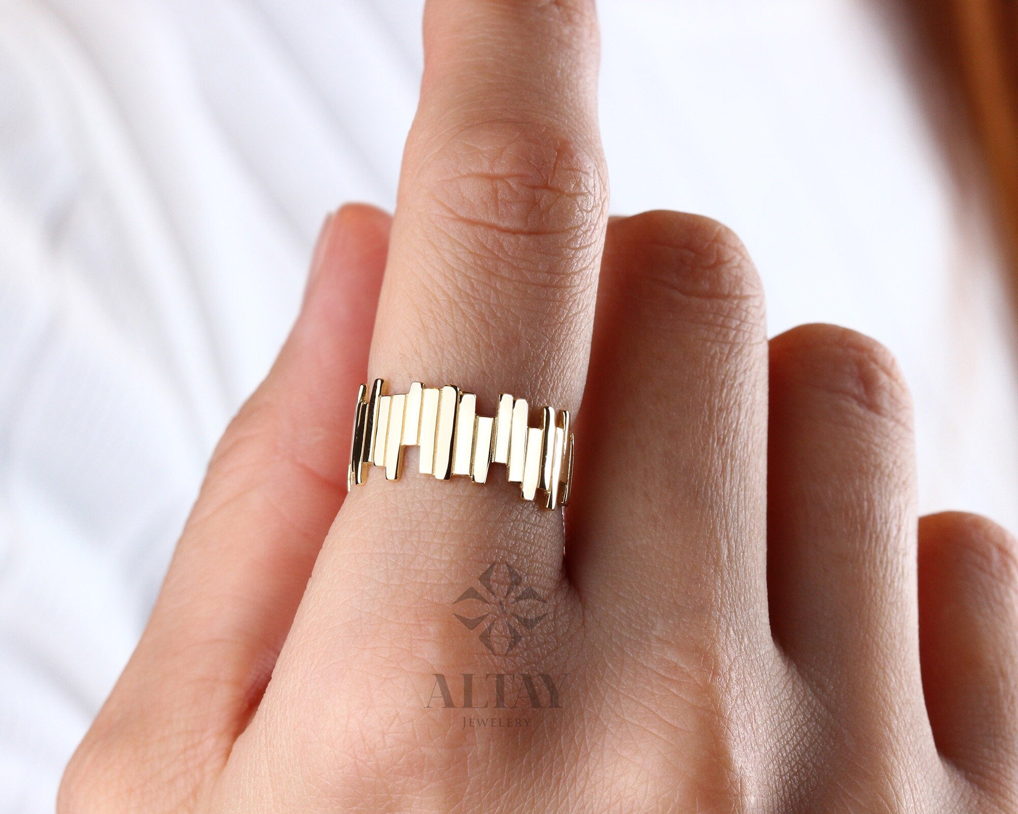 14K Solid Gold ZigZag Thicker Ring, Statement Ring, Sticks Ring, Unique Design, Minimalist, Gift For Her, Real Gold, Christmas Jewelry