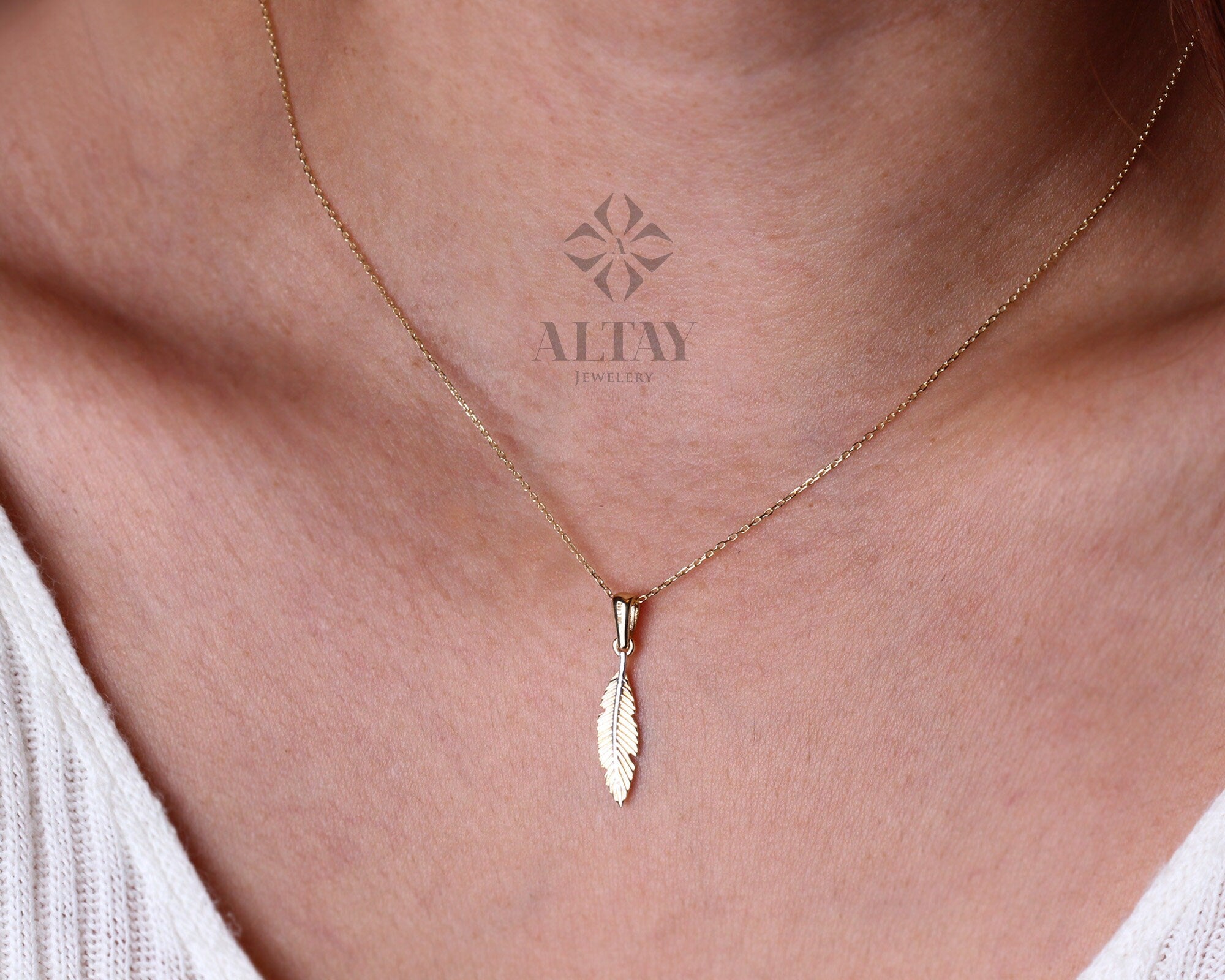 14K Gold Feather Necklace, Chance Pendant, Palm Leaf Charm, Dainty Leaf Choker, Layering Jewelry, Tiny Wedding Bridesmaid Gift for Her