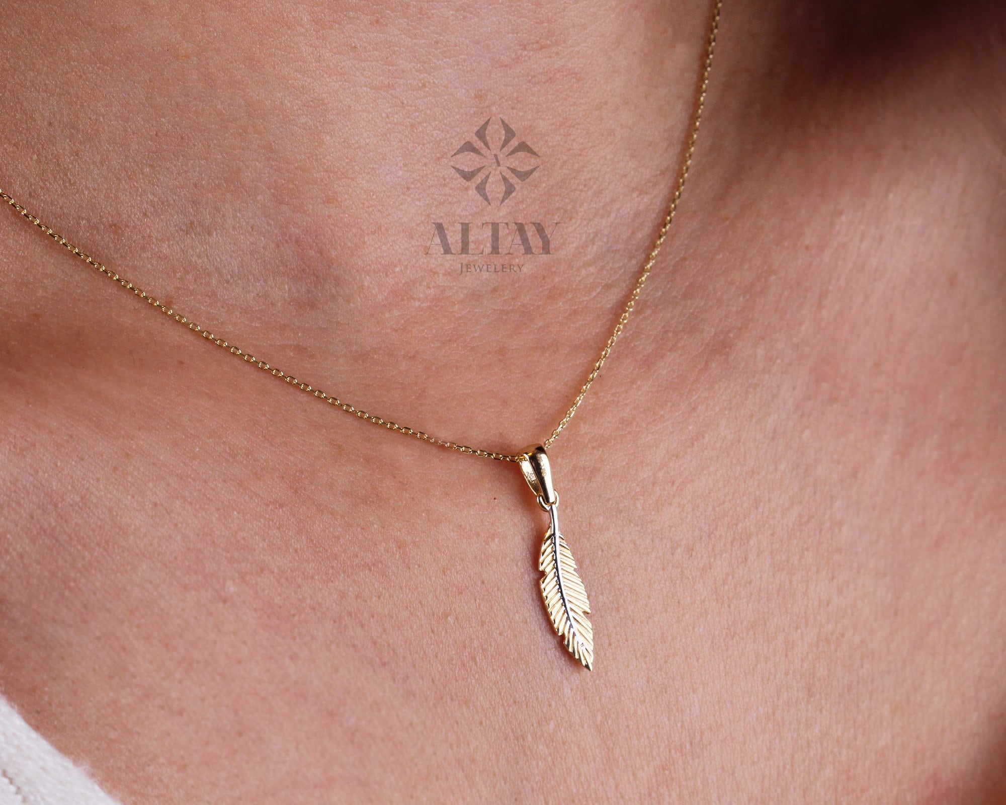 14K Gold Feather Necklace, Chance Pendant, Palm Leaf Charm, Dainty Leaf Choker, Layering Jewelry, Tiny Wedding Bridesmaid Gift for Her