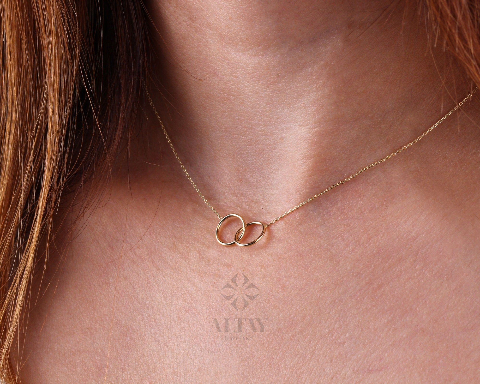 14K Gold Infinity Necklace, Unity Link Necklace, Minimal Dainty Double Circle Interlocking Choker, Delicate Layering Pendant, Simple Charm