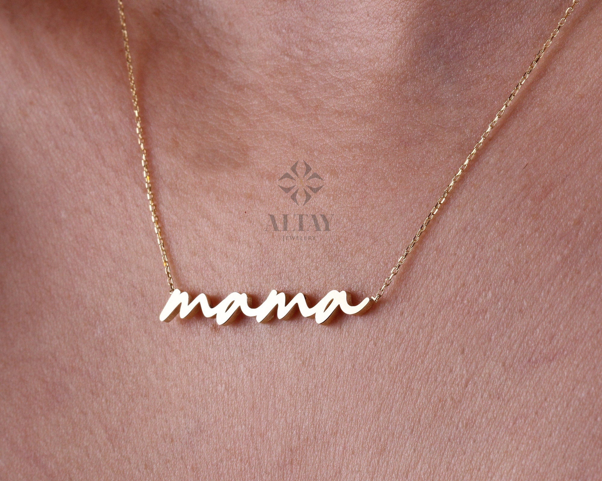 14K Solid Gold Mama Necklace, Custom Made Mama Pendant, Delicate Mom Charm, Dainty Mother Choker, Mother's Day Gift, Gift For Mother