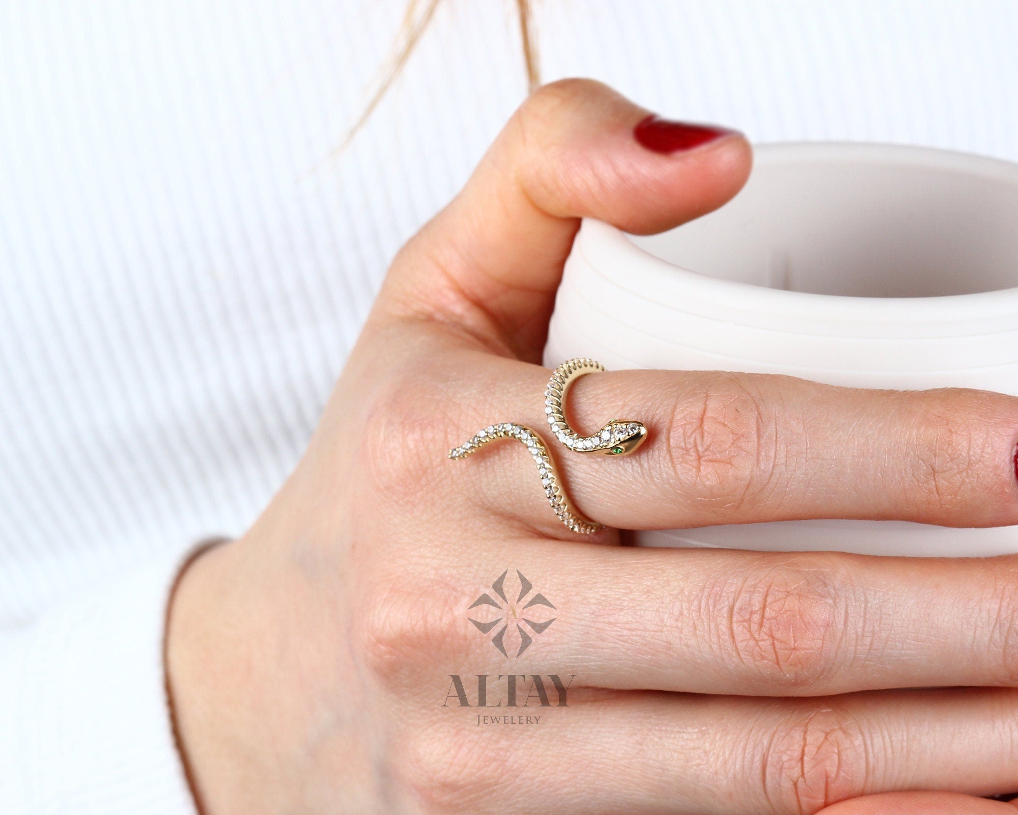 14K Gold Snake Ring, Snake Band, Open Serpent Jewelry, Dainty Stacking Animal Rings, CZ Snake Style Ring, Open Band Statement Wrap Ring