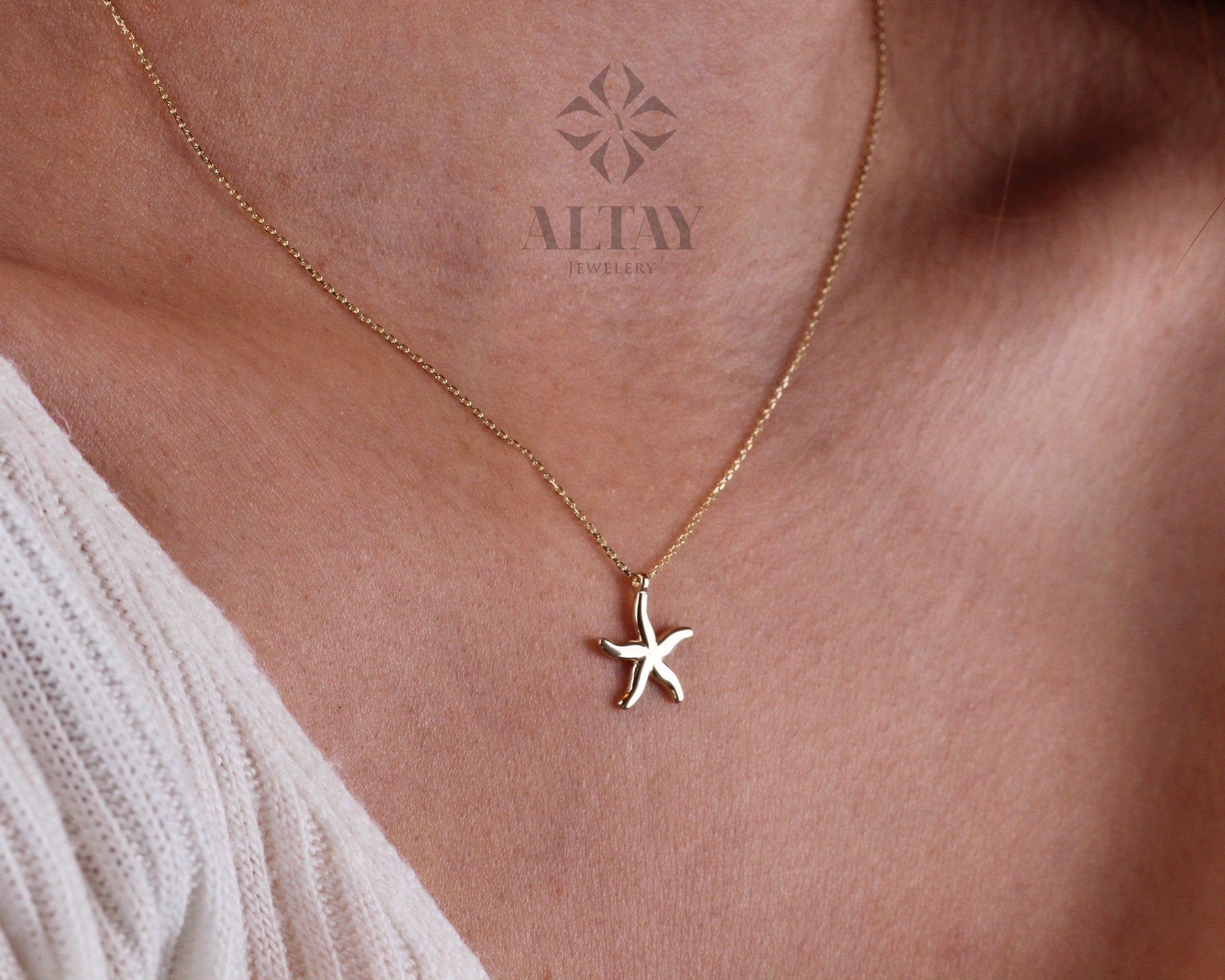 14K Gold Starfish Necklace, Tiny Starfish Pendant, Gold Starfish Charm,Star Sign Necklace, Delicate Starfish Choker, Beach Jewelry