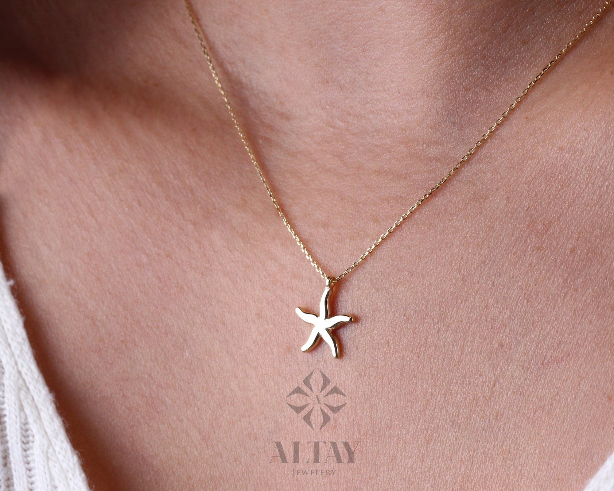 14K Gold Starfish Necklace, Tiny Starfish Pendant, Gold Starfish Charm,Star Sign Necklace, Delicate Starfish Choker, Beach Jewelry