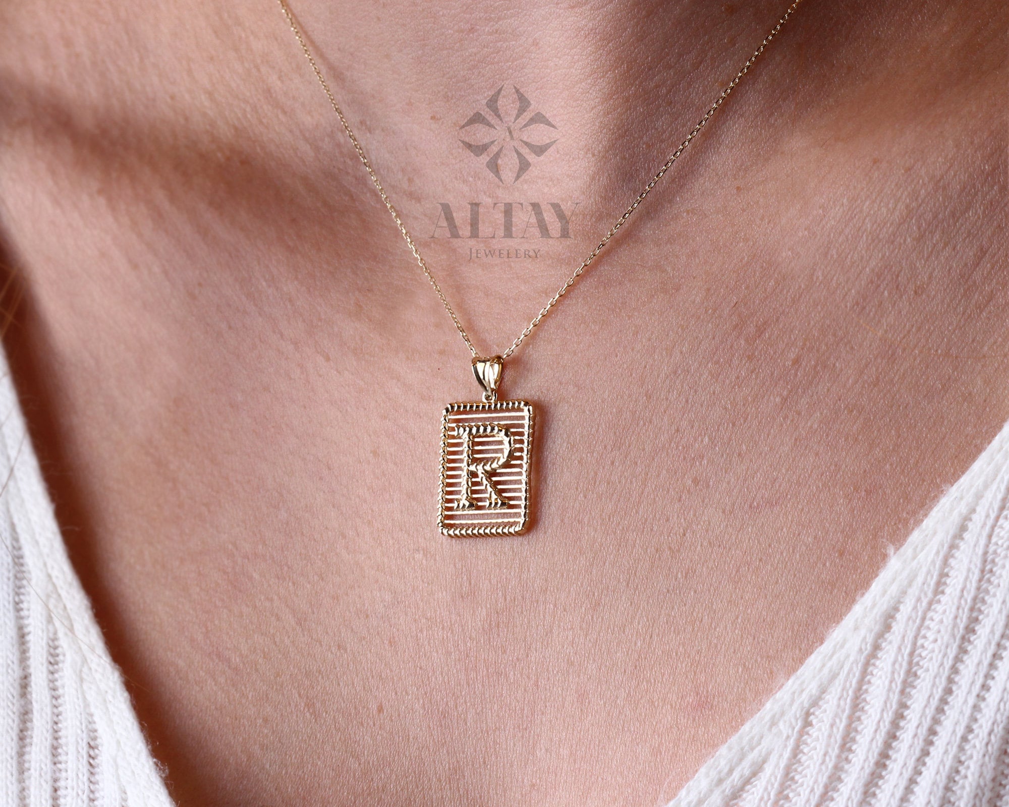 14K Gold Initial Necklace, Gold Letter Necklace, Square Lined Letter, Personalized Custom Necklace, Medallion Necklace, Gift For Her Him