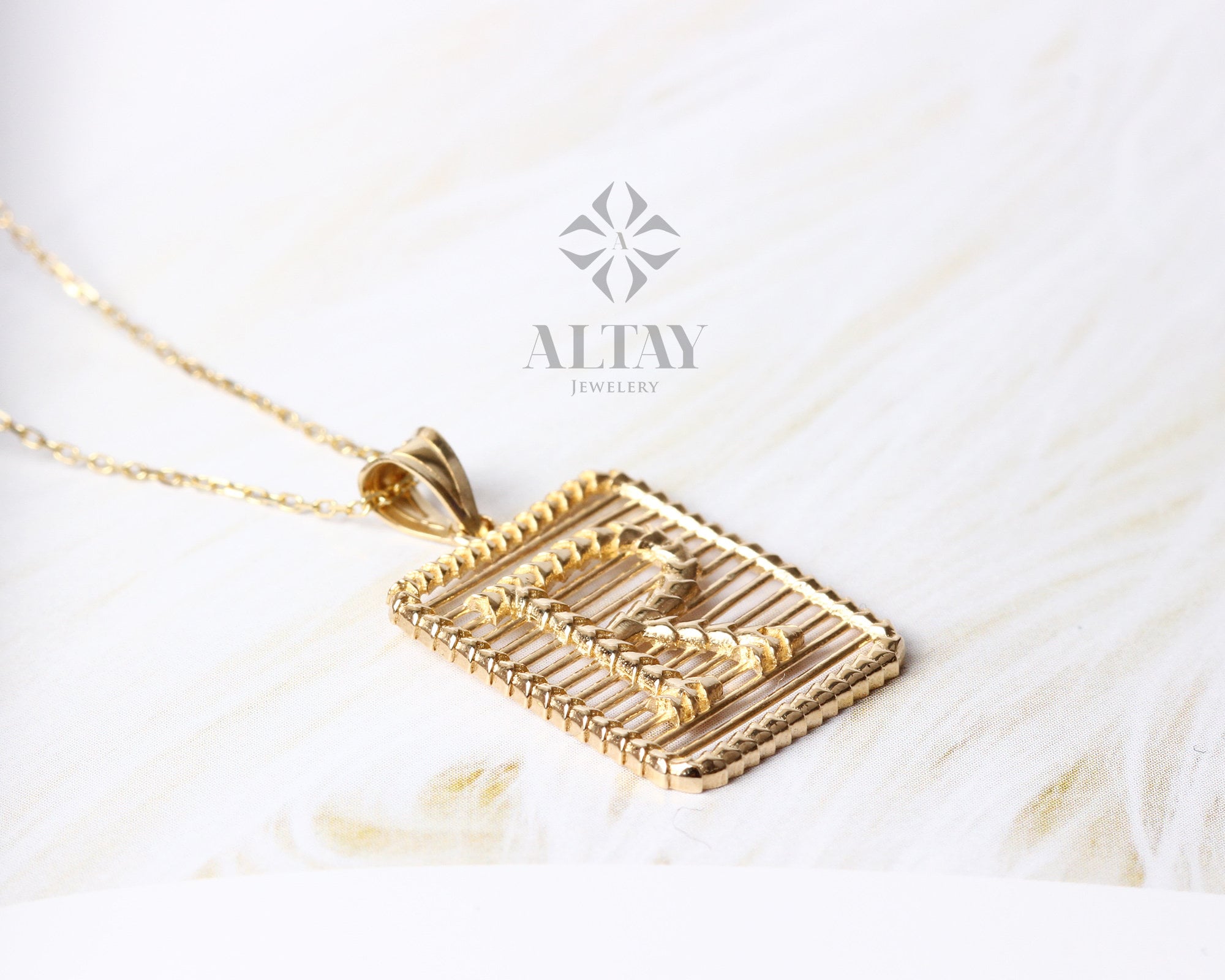 14K Gold Initial Necklace, Gold Letter Necklace, Square Lined Letter, Personalized Custom Necklace, Medallion Necklace, Gift For Her Him