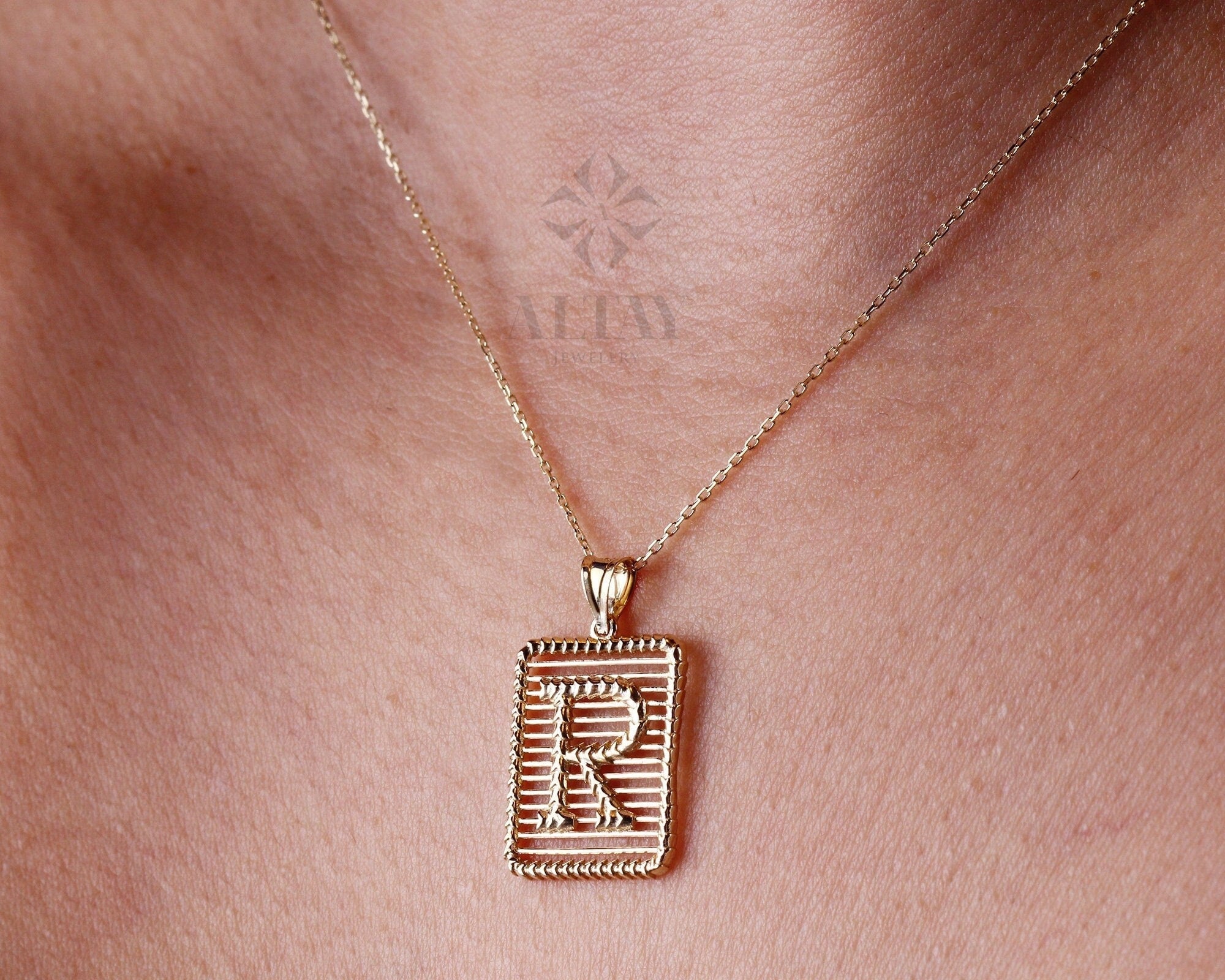 14K Gold Initial Necklace, Gold Letter Necklace, Square Lined Letter, Personalized Custom Necklace, Medallion Necklace, Gift For Her Him