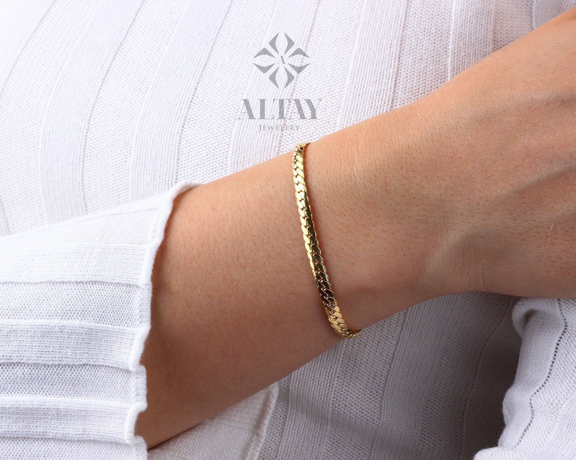 14K Gold 3.5MM Cuban Link Bracelet, Curb Chain Bracelet, Bold Link Chunky Vintage Chain Anklet, Men Women Stacking Bracelet, Gift For Her