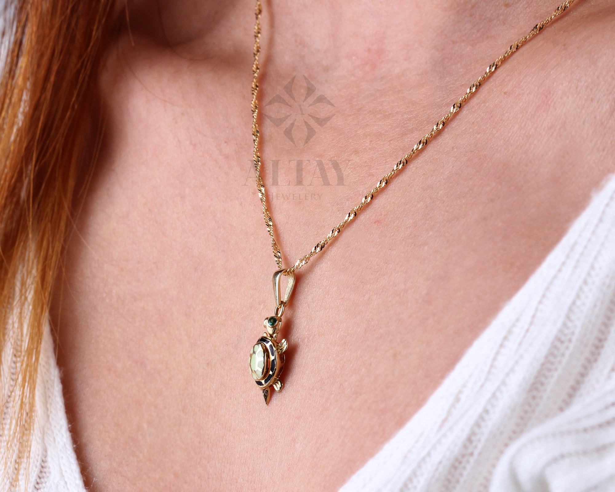 14K Gold Tortoise Pendant, Turtle Necklace, Phosphorus Caretta Caretta Charm, Singapore Twist Chain Choker, Layering Sea Turtle Necklace