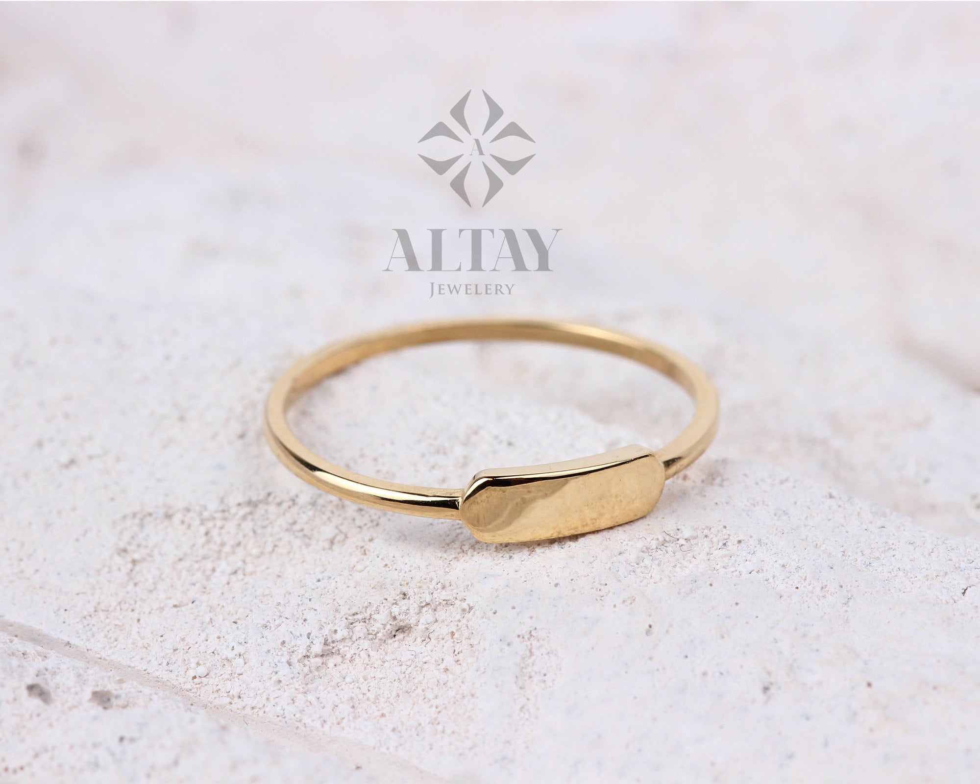 14K Gold Engraved Name Ring, Custom Signet Ring, Flat Bar Letter Band Ring, Monogram Pinky Ring, Personalized Initial Baby Name Ring