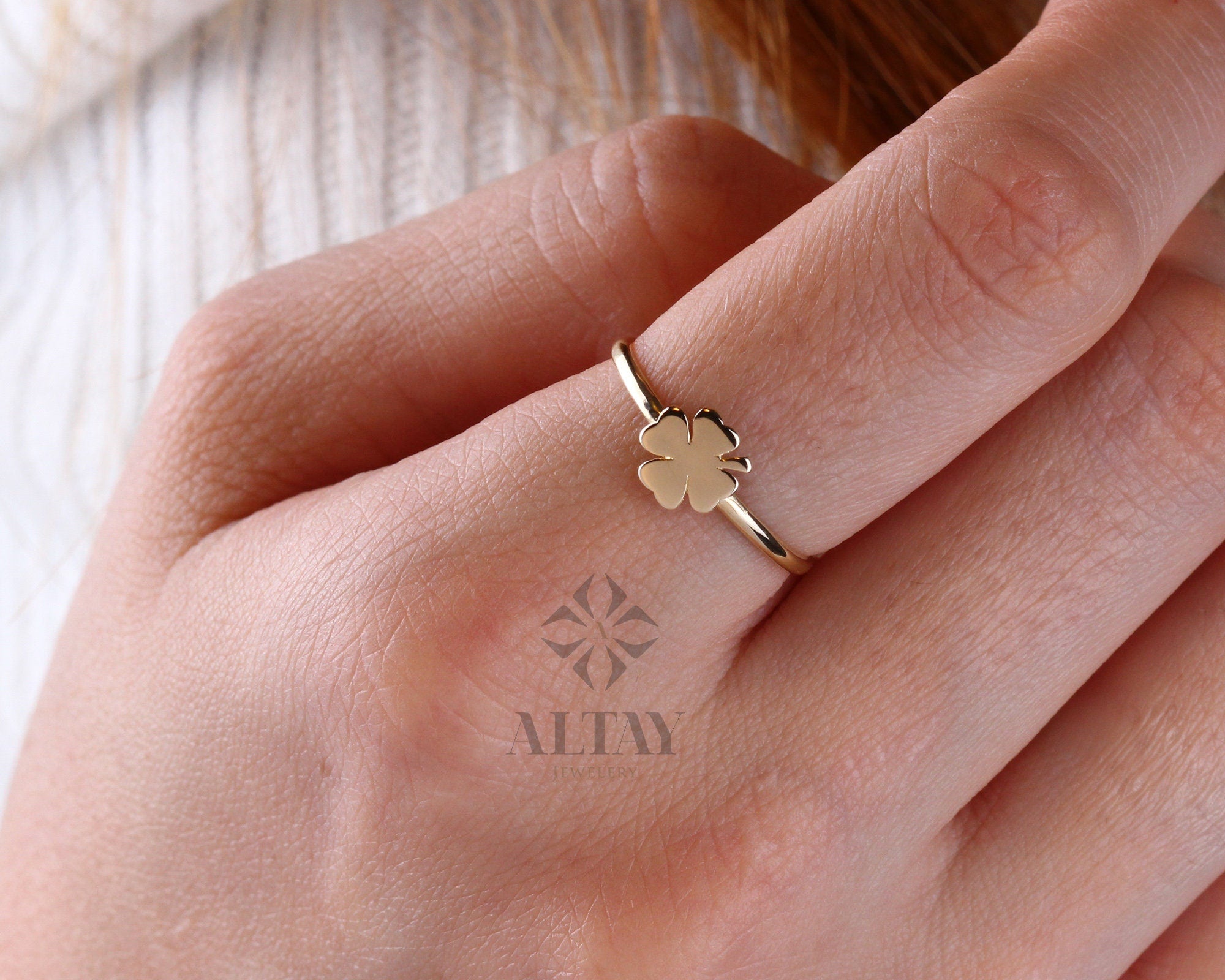 14K Gold Four Leaf Clover Ring, Dainty Good Luck Ring, Clover Lucky Charm Ring, Gold Leaf, St. Patrick's Day Accessory Band, Gift for Her