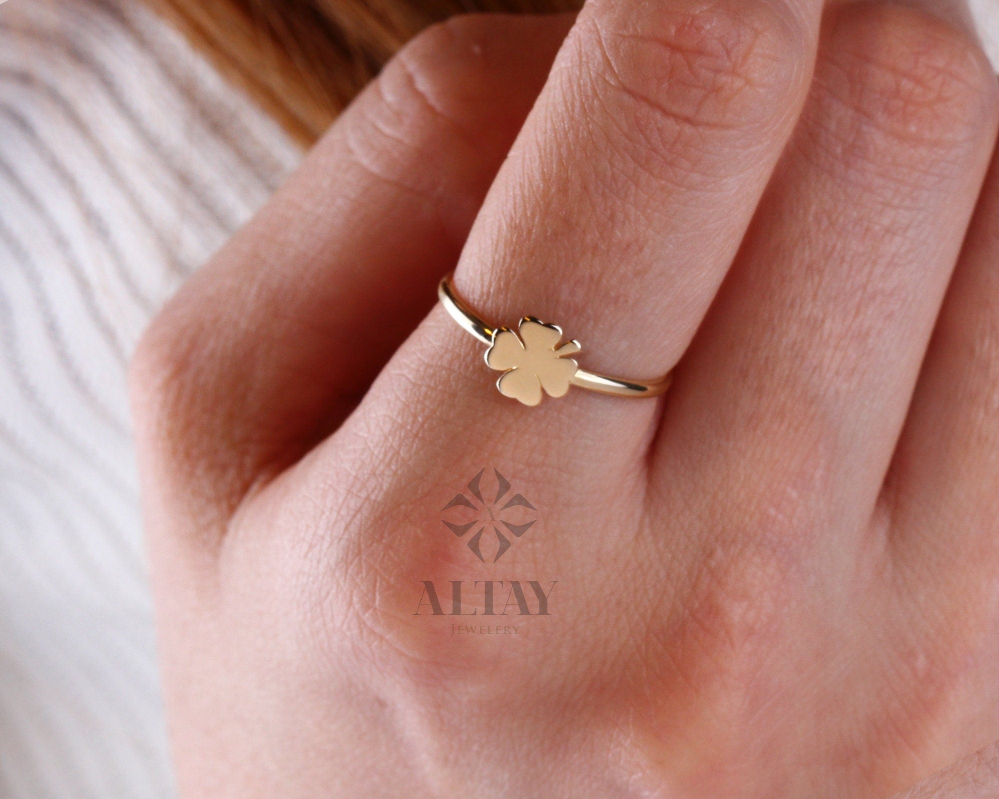 14K Gold Four Leaf Clover Ring, Dainty Good Luck Ring, Clover Lucky Charm Ring, Gold Leaf, St. Patrick's Day Accessory Band, Gift for Her