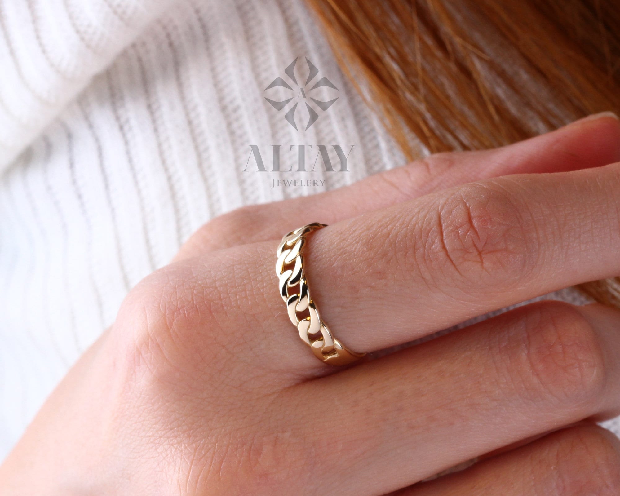 14K Gold Cuban Chain Ring, 4.5MM Cuban Link Ring, Chain Curb Ring, Bold Chain Ring, Solid Gold Stacking Ring, Minimalist Chain Link