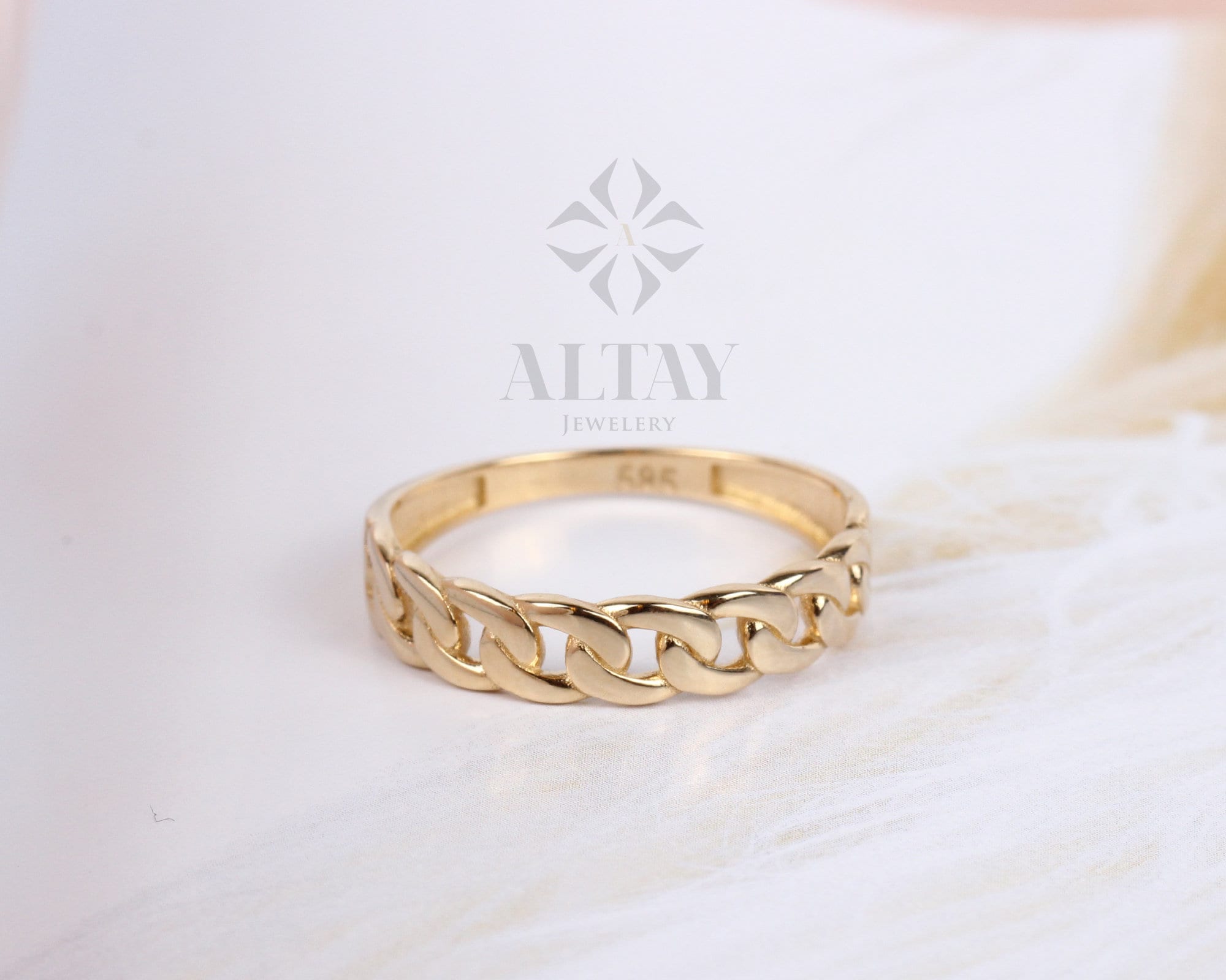 14K Gold Chain Ring, Cuban Link Ring, Thick Chain Curb Ring, Bold Chain Ring, Solid Gold Stacking Ring, Layering Minimalist Chain Link