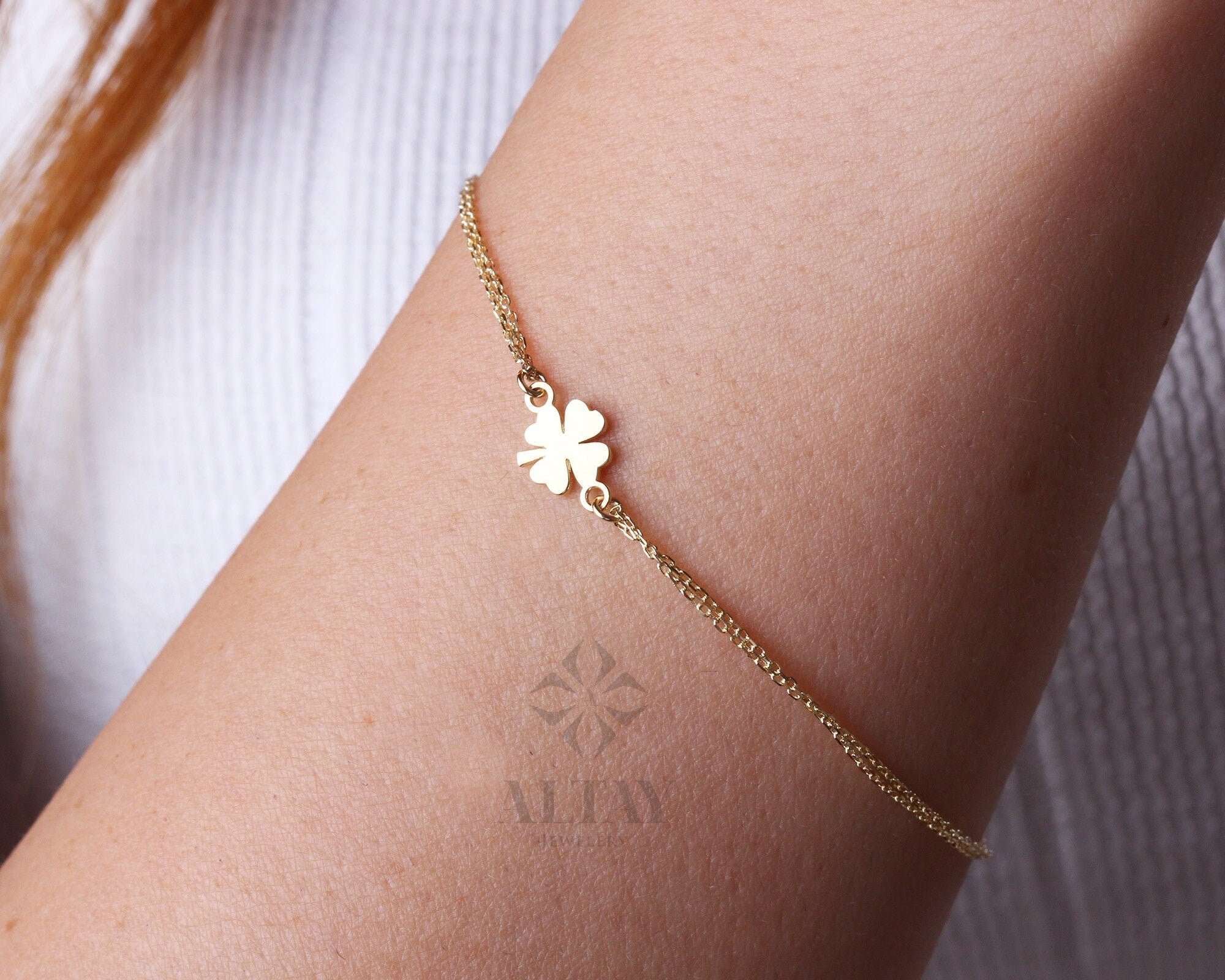 14K Yellow Gold Four Leaf Clover Bracelet, Dainty Good Luck Bracelet, Clover Lucky Charm Bracelet, St. Patrick's Day Accessory, Gift for Her