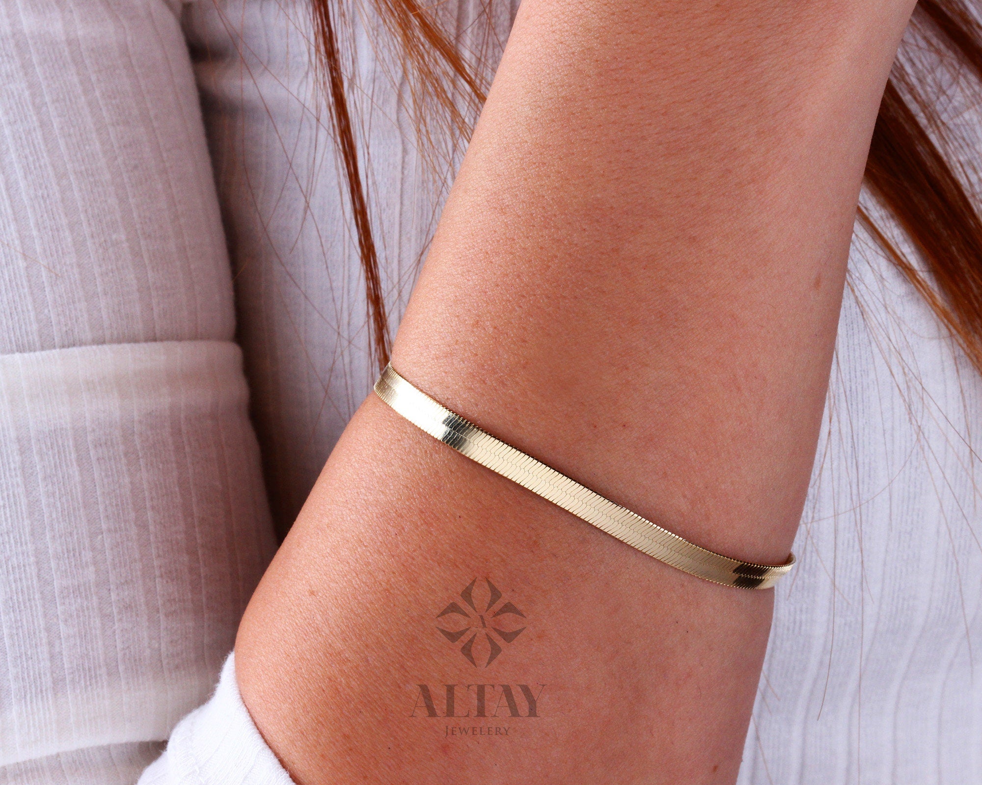 14K Gold Herringbone Bracelet, Custom Gold Herringbone Chain, Flat Gold Chain Bracelet, Simple Gold Chain Bracelet, Herringbone Anklet Gift