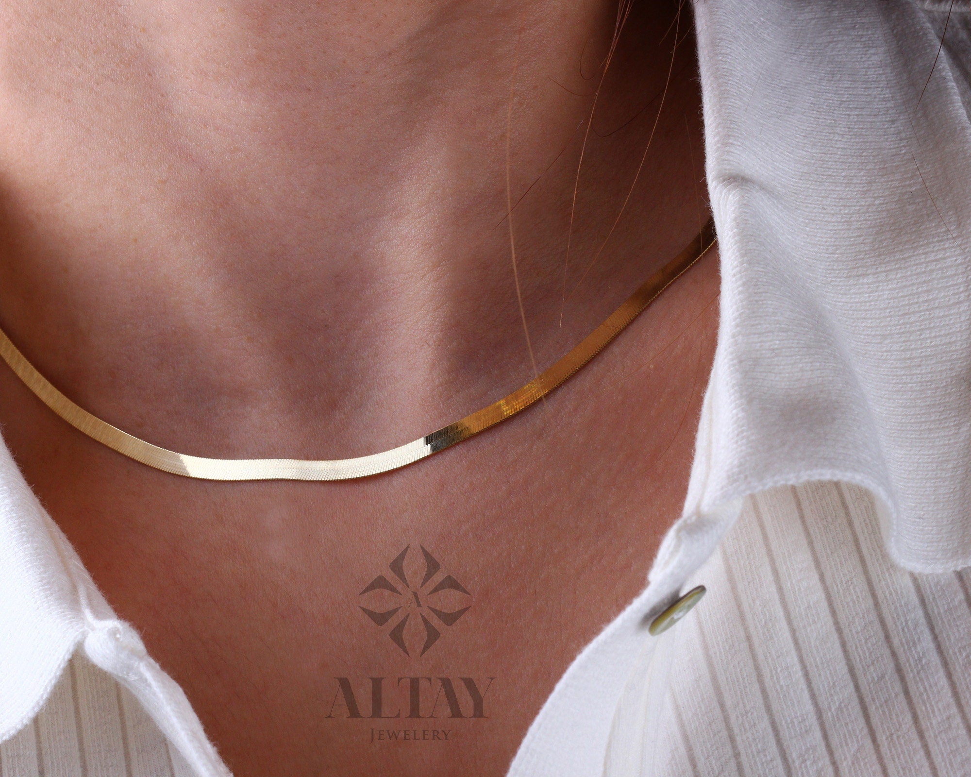 14K Gold Herringbone Necklace, Gold Herringbone Chain Choker, Flat Gold Chain Necklace, Simple Gold Chain Necklace, Herringbone Chain Gift