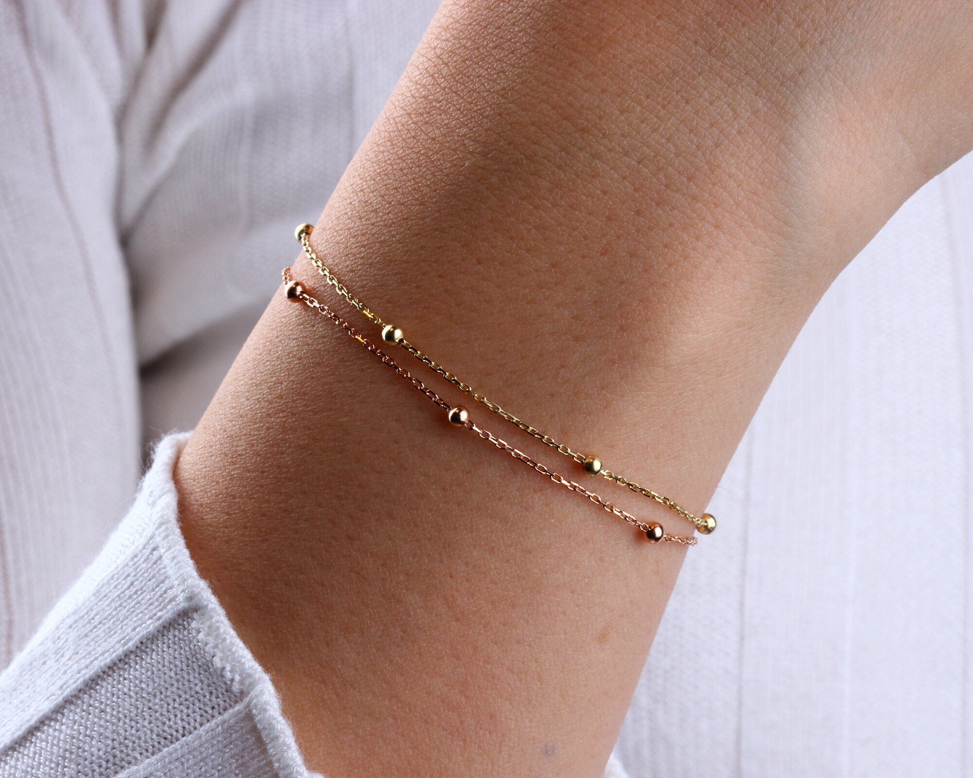 14K Gold Ball Chain Bracelet, Tiny Beaded Bracelet, Multi balls Chain Bracelet, Satellite Chain Bracelet, Station Gold Layering Bracelet